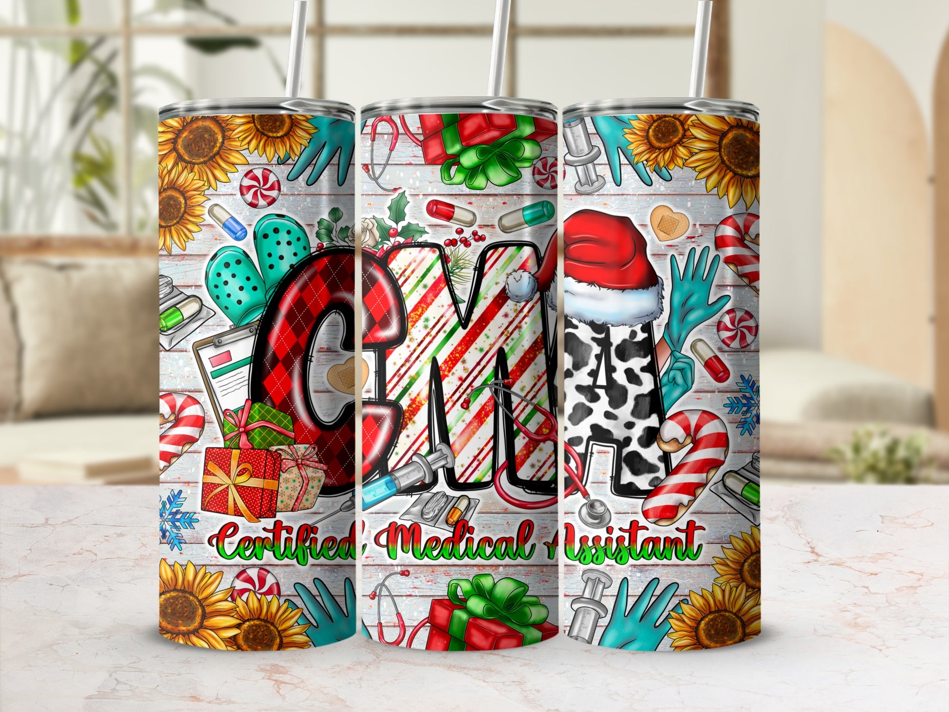 Certified Medical Assistant CMA tumbler with Christmas and medical designs.