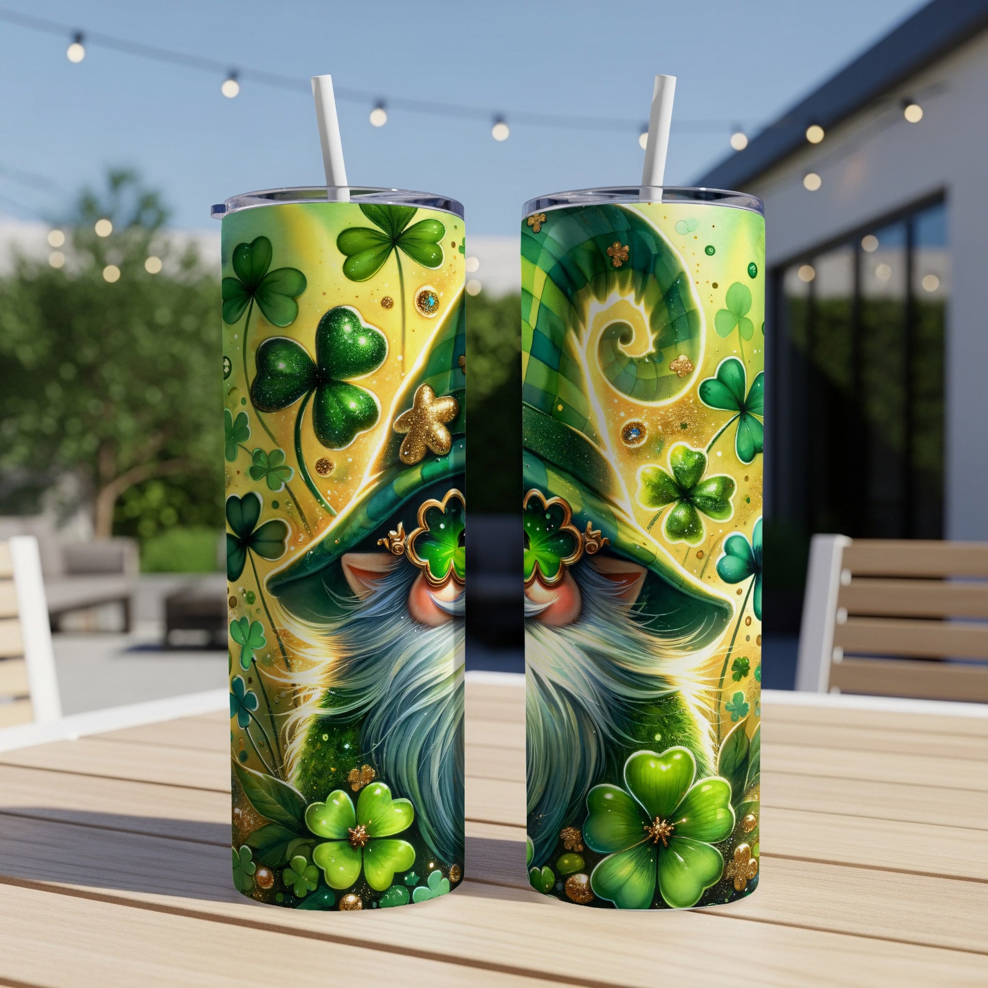 Two St. Patrick's Day themed tumblers with shamrocks and a gnome.