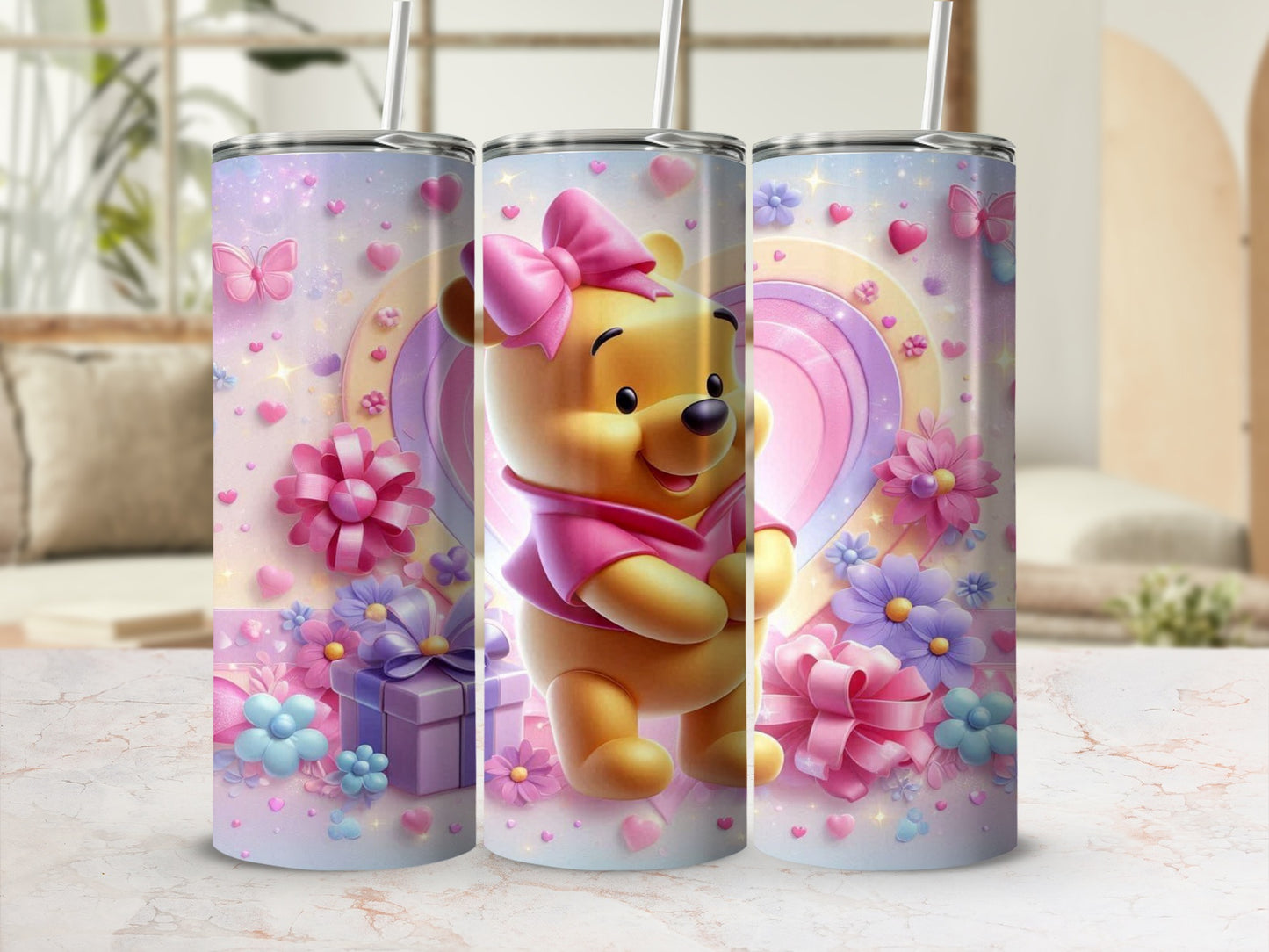 Cute Bear and Flowers Pastel Themed Tumbler Cup