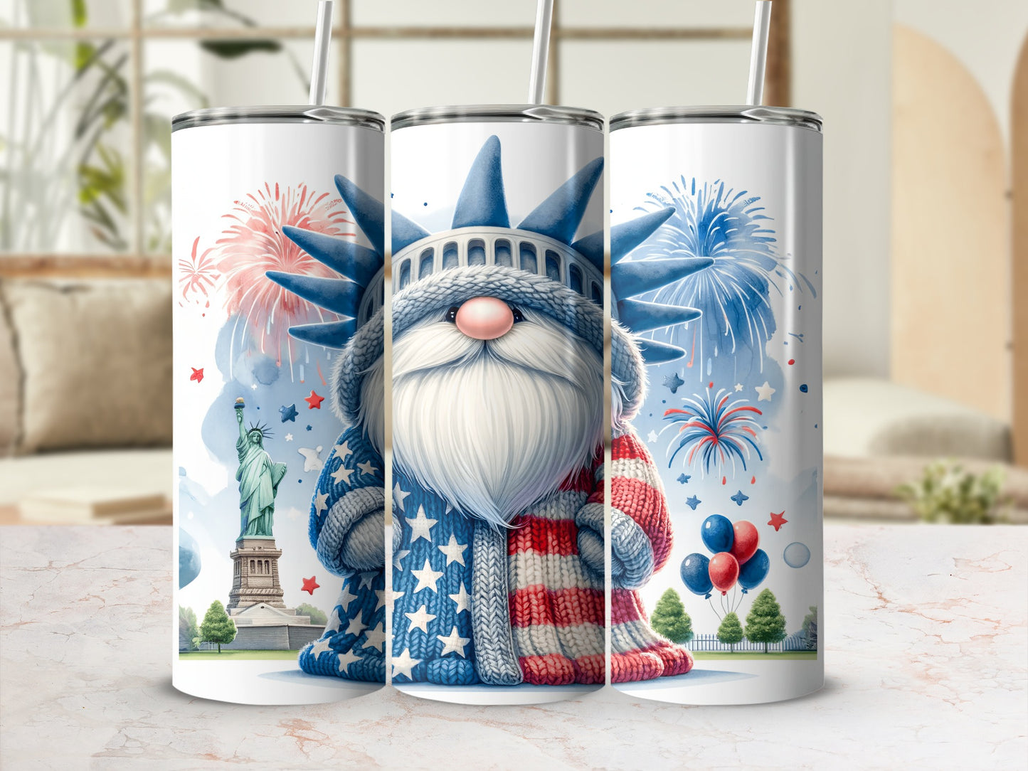 Statue of Liberty gnome with red, white, and blue striped sweater and fireworks.