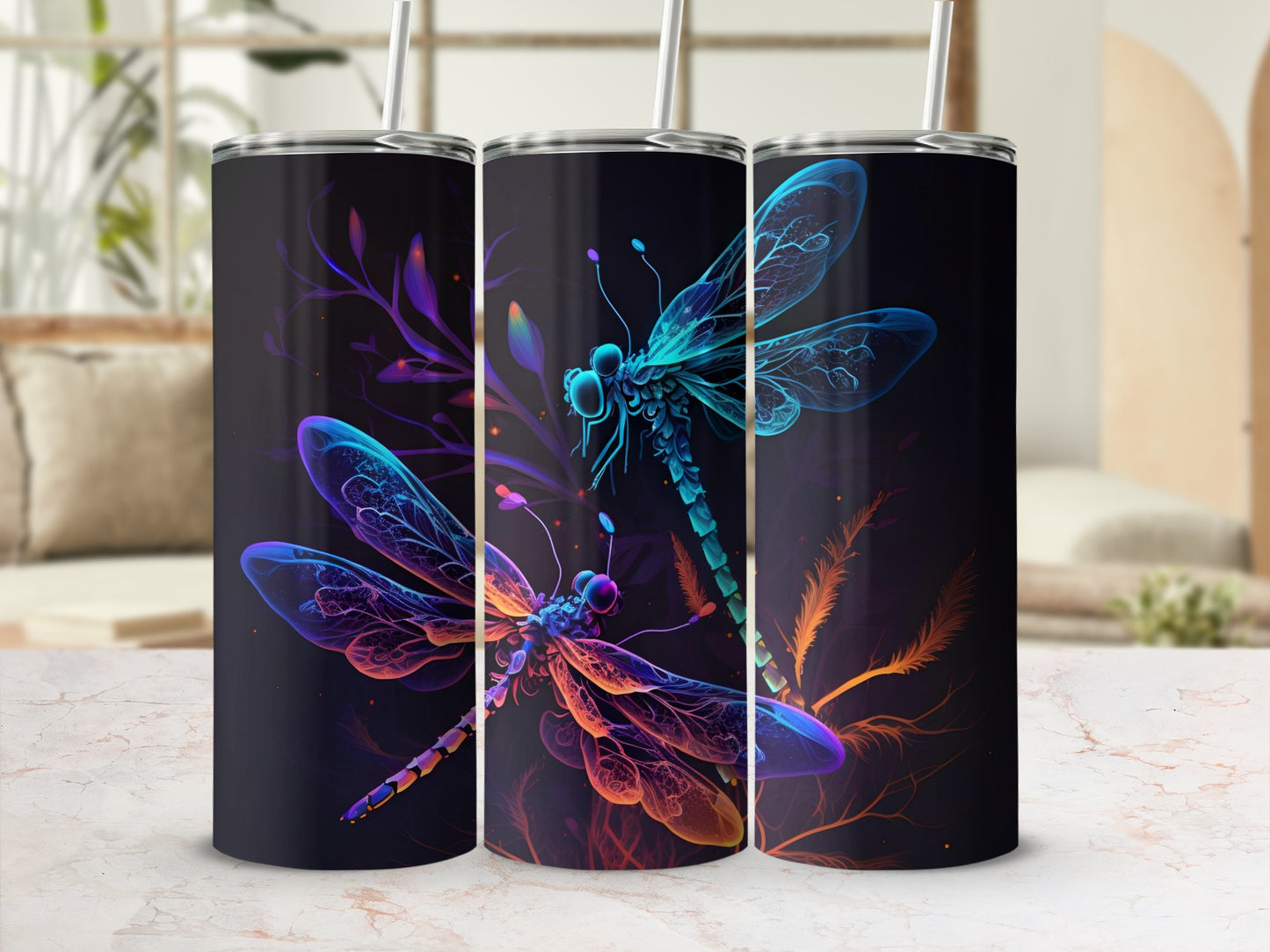 Bright Dragonfly Design on Dark Background Tumbler