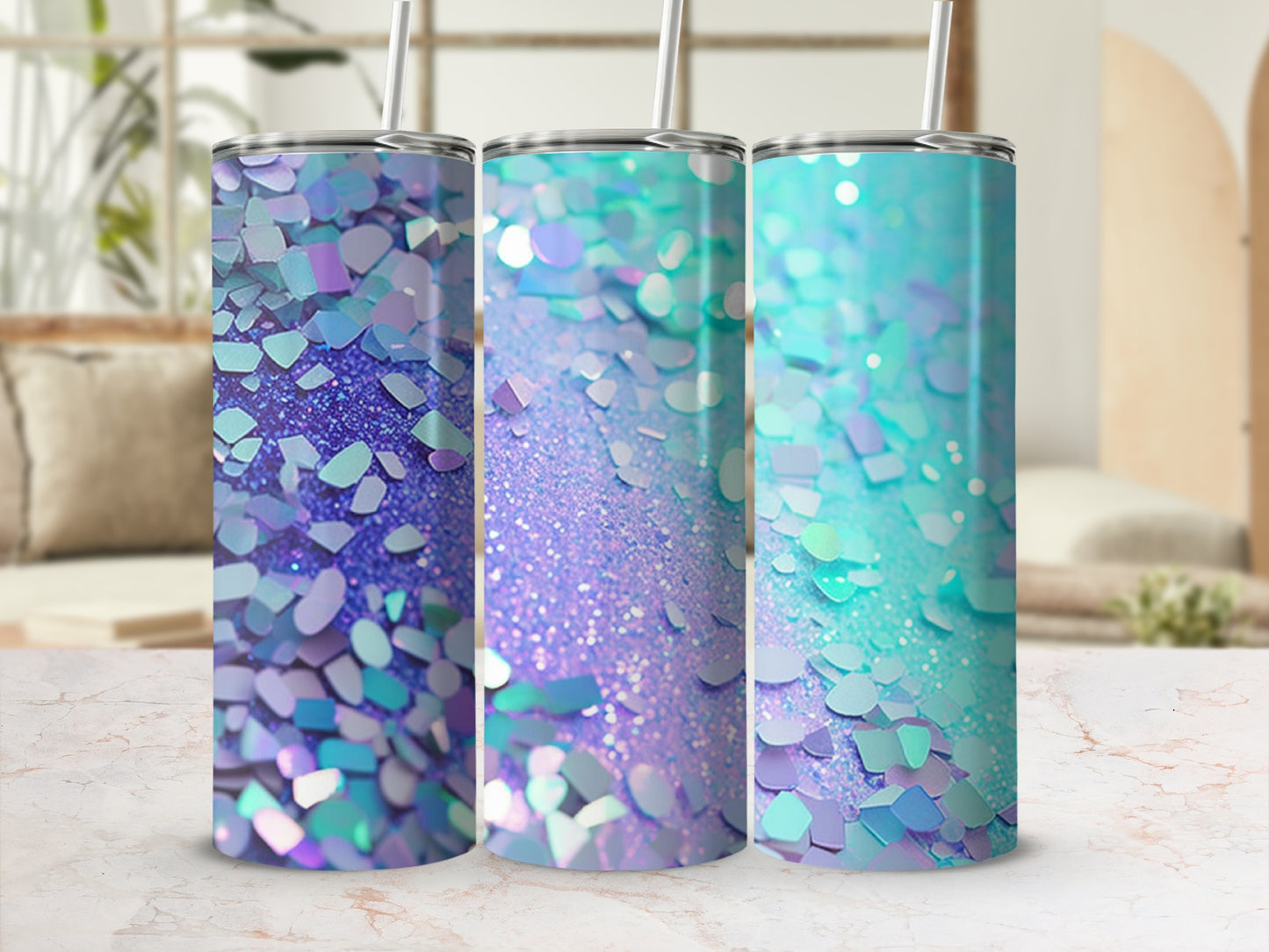 Iridescent Glitter Purple and Teal Tumbler Beverage Container