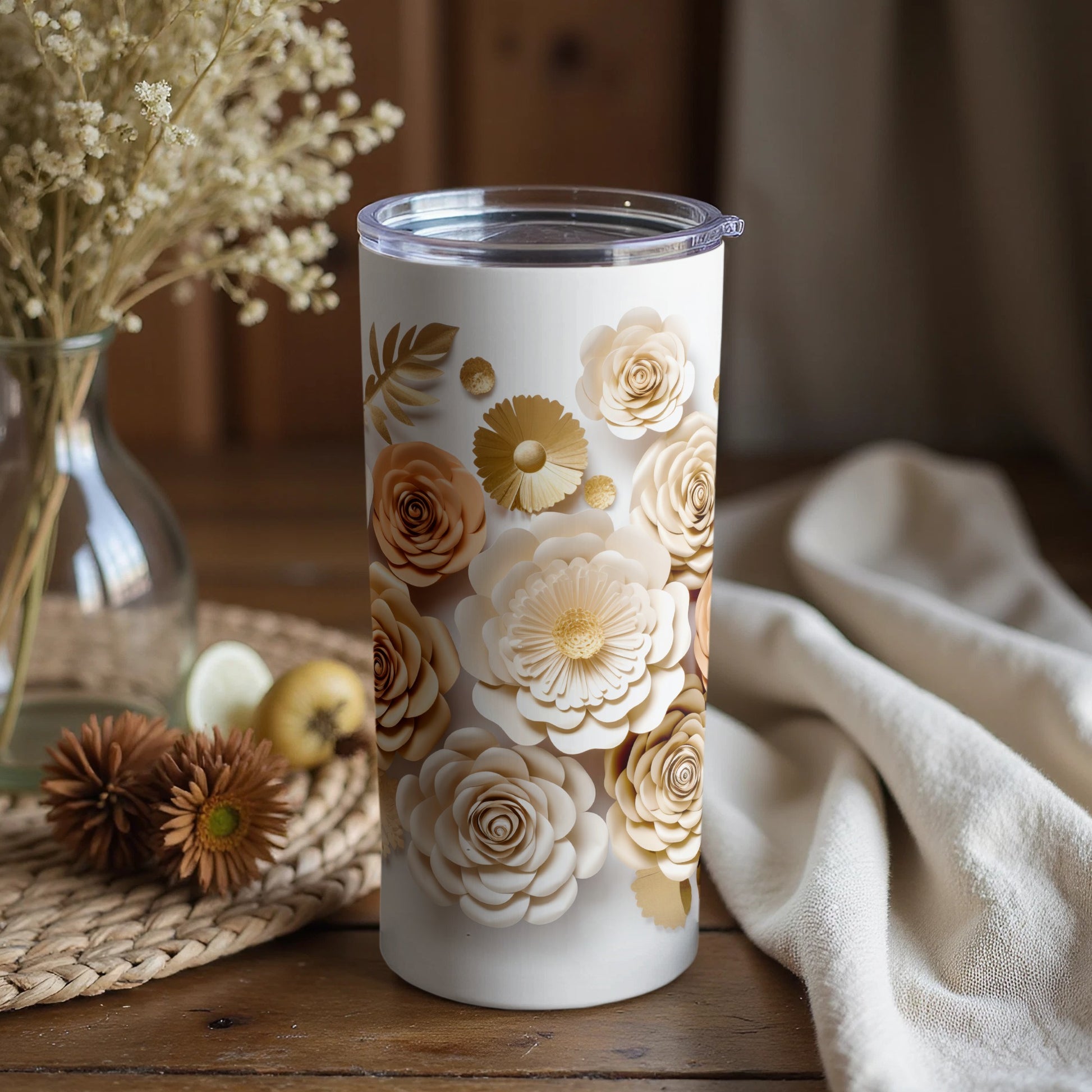 Elegant Floral Insulated Tumbler with Lid Drinkware
