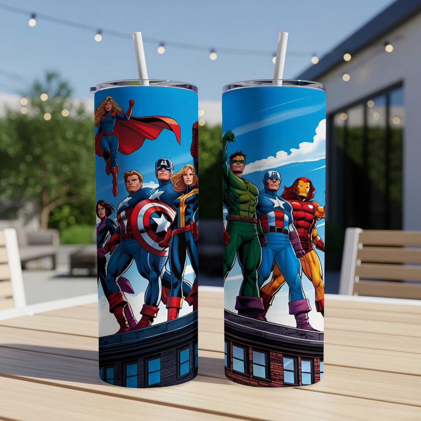 Avengers superheroes standing on a rooftop under a blue sky.