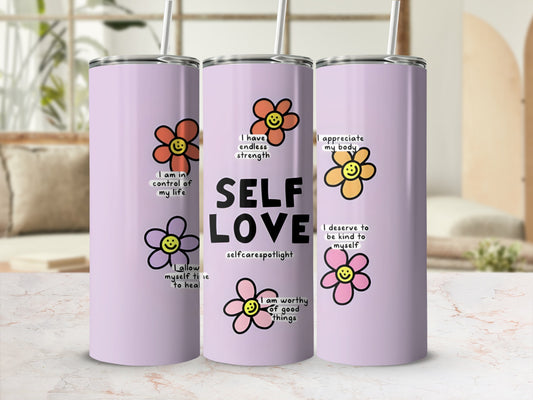Purple tumbler with flowers and "Self Love" text.