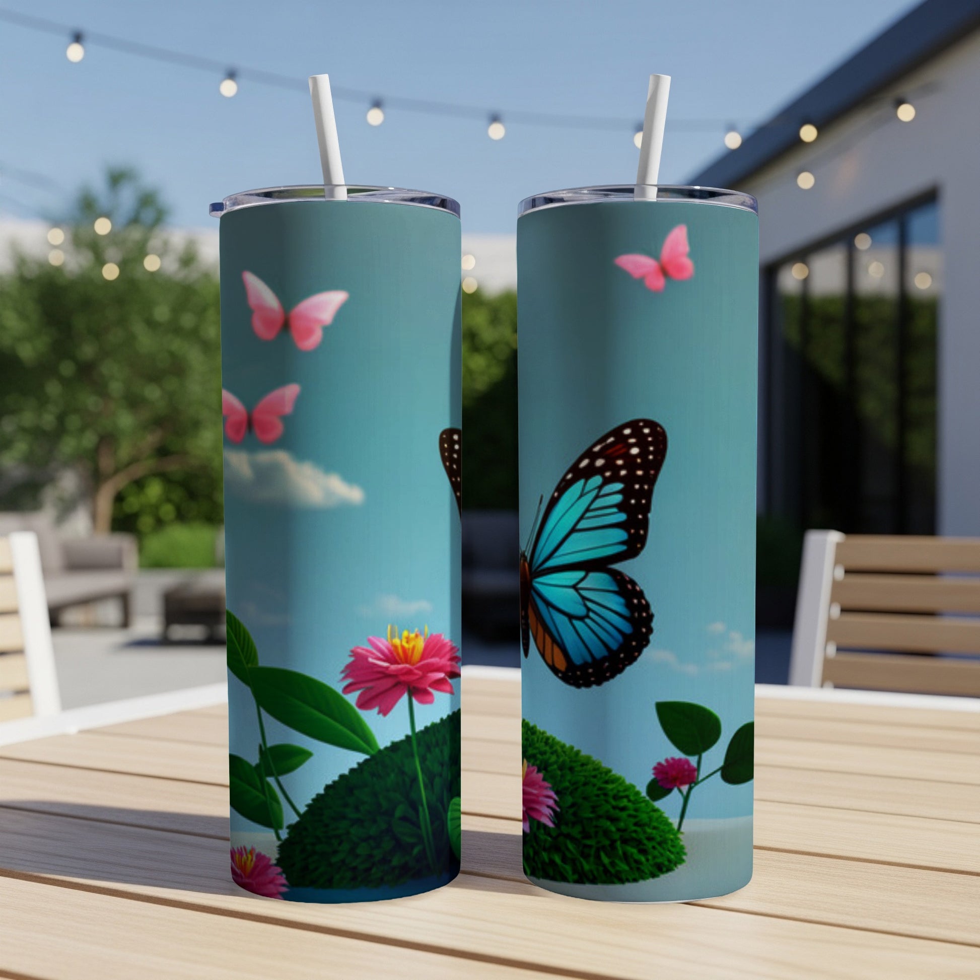 Two tumblers with blue, pink, and orange butterflies and flowers against a sky background.