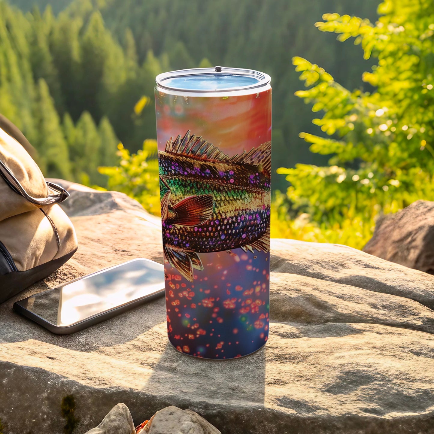 Vibrant fish illustration on a stainless steel tumbler with bokeh background.