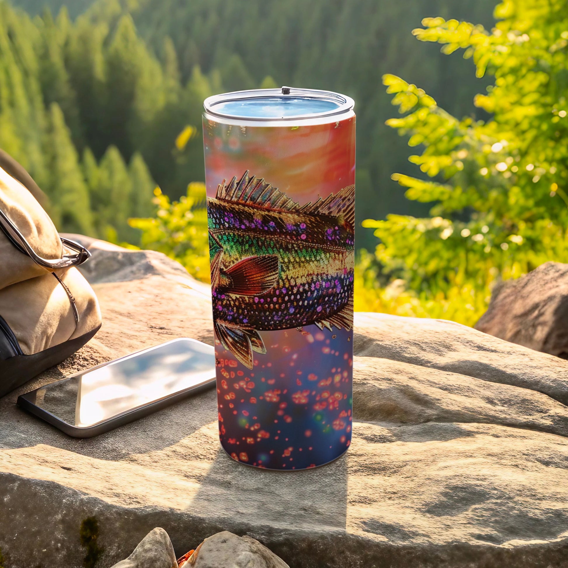 Vibrant fish illustration on a stainless steel tumbler with bokeh background.