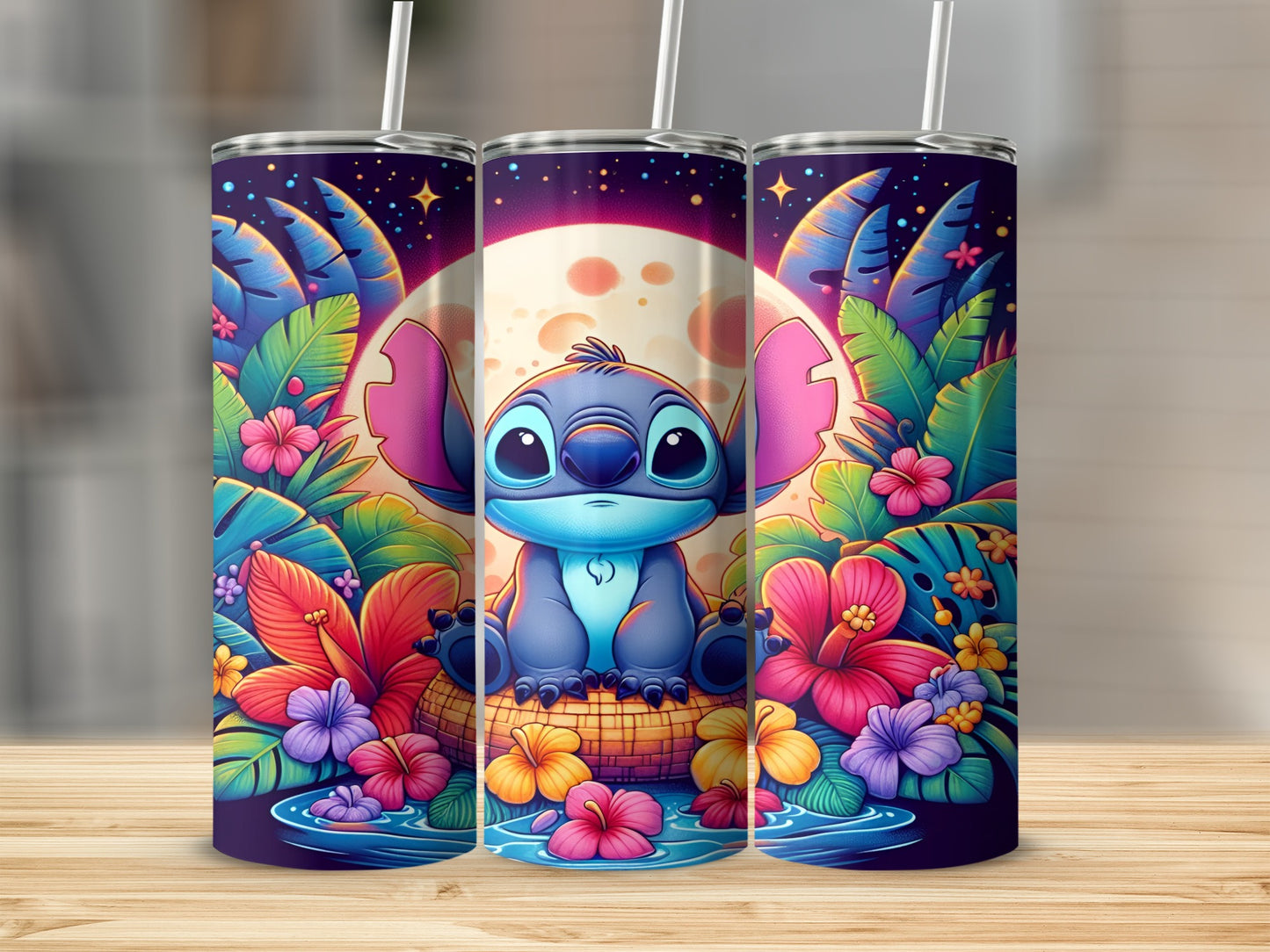 Stitch sitting in a basket with colorful flowers and a large moon.