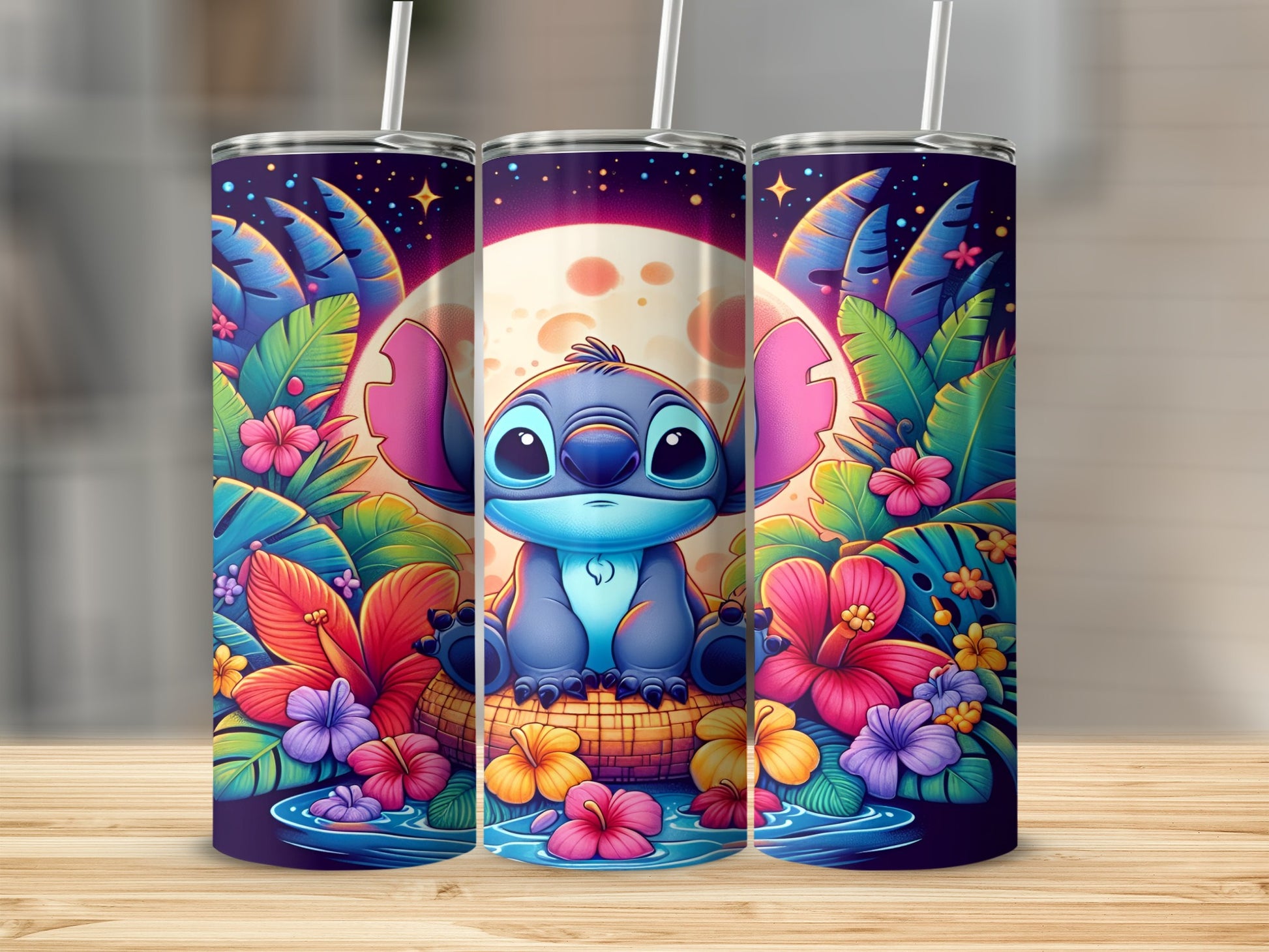 Stitch sitting in a basket with colorful flowers and a large moon.