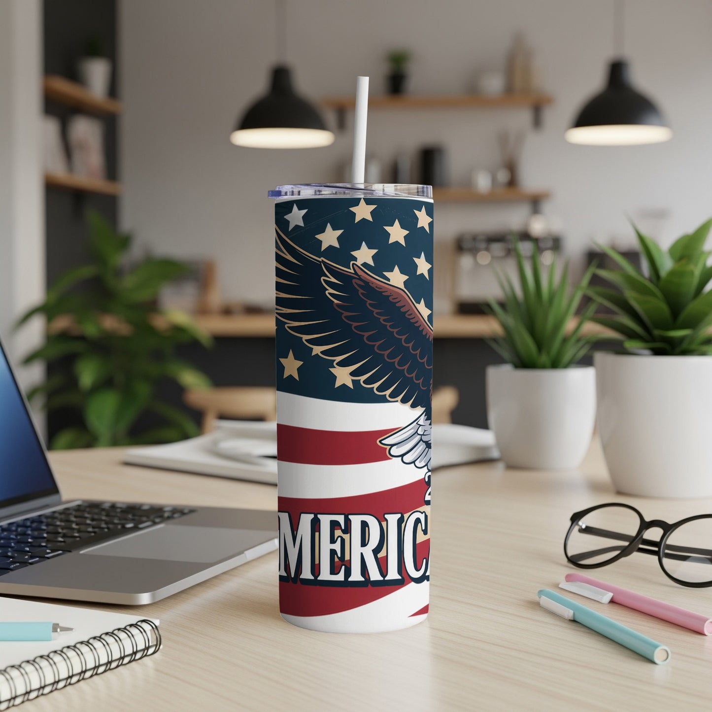 American flag tumbler with eagle and "America" text.