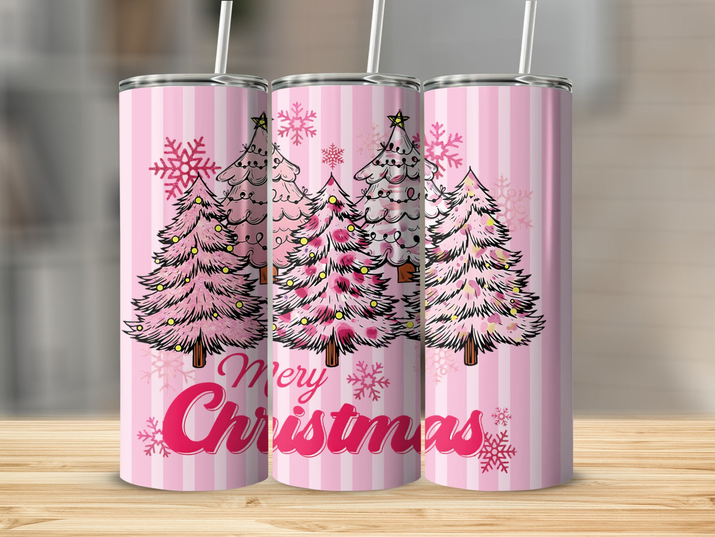 Merry Christmas Pink Tree Tumbler with Straw