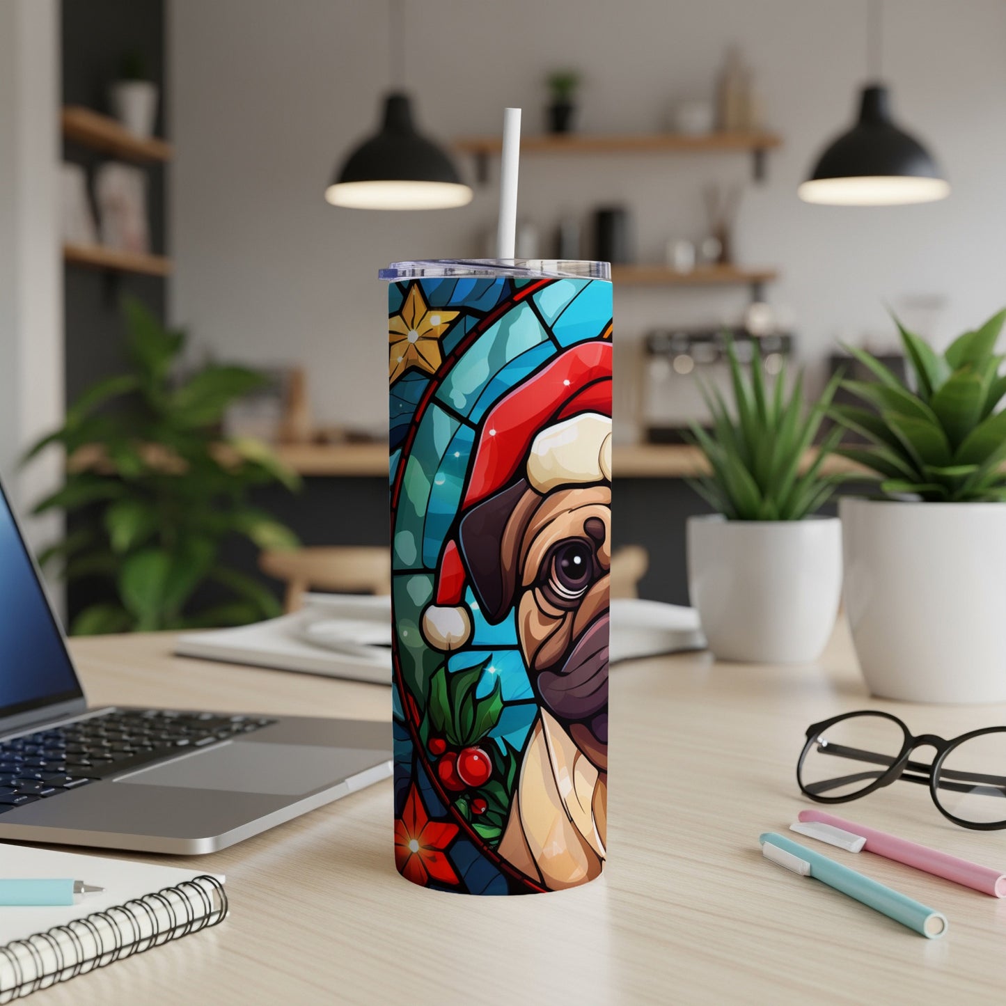 Stained glass pug with Santa hat on a tumbler.