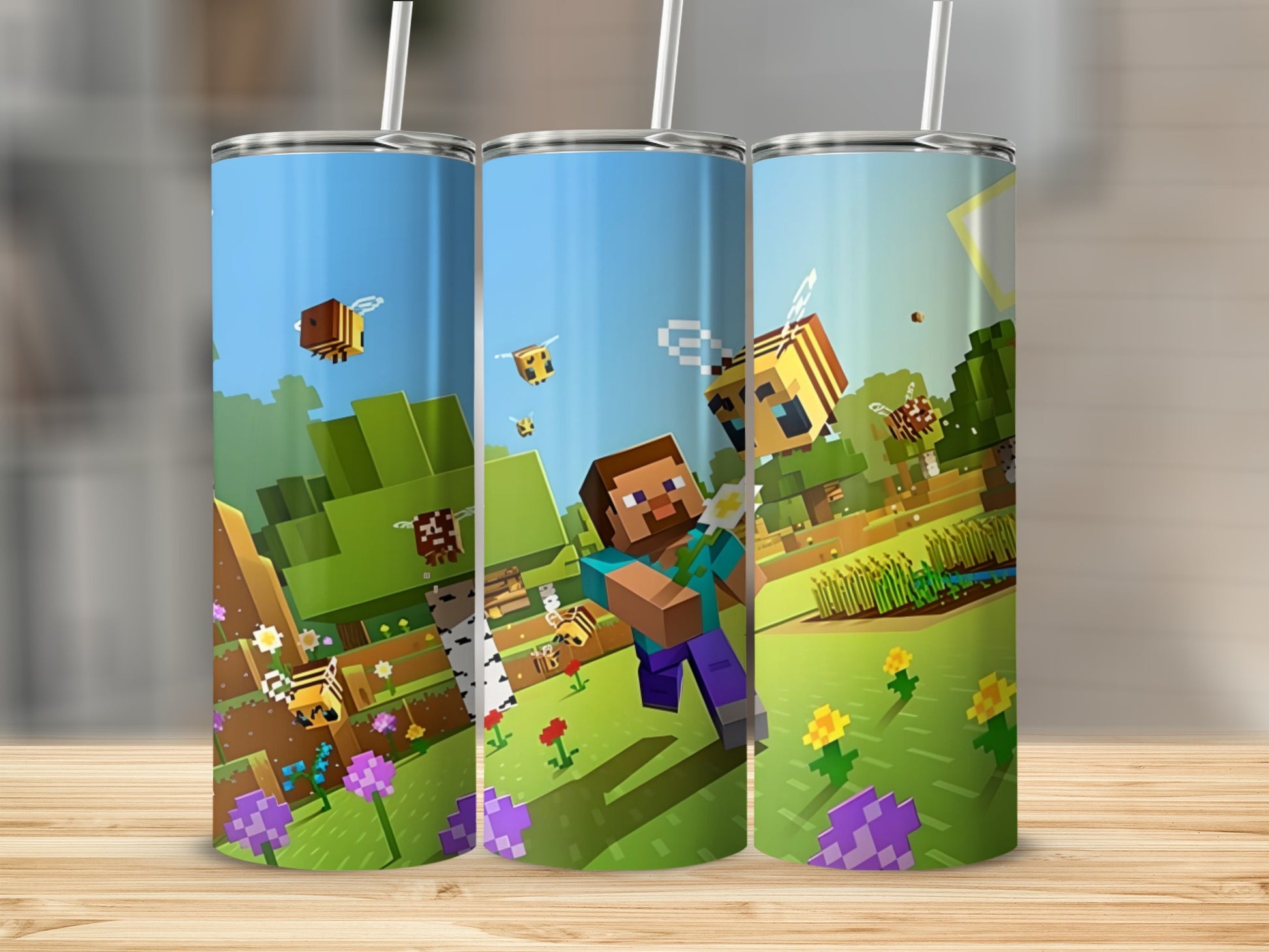 Minecraft Themed Tumbler with Straw Fun Design