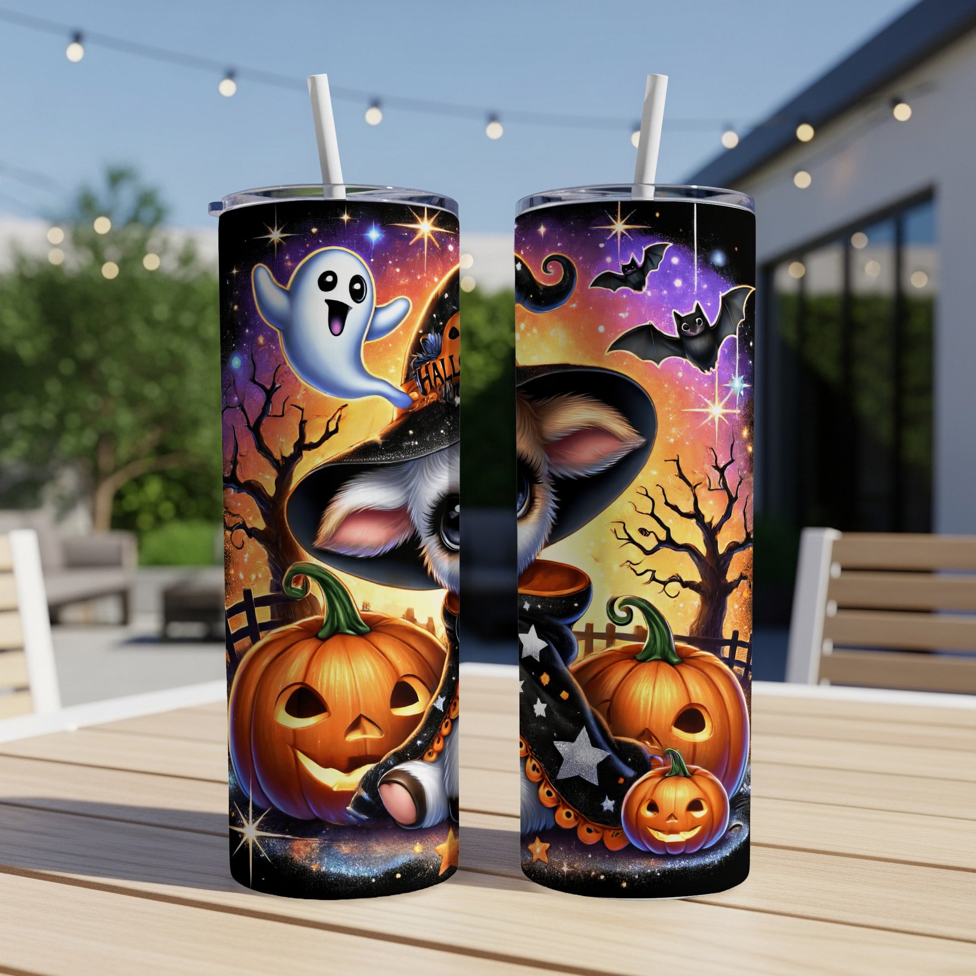 Halloween tumbler with witch cat, pumpkins, ghosts, and bats on a starry background.