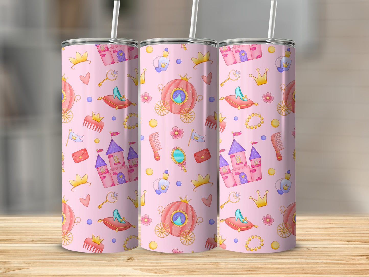 Princess Crown Castle Carriage on Pink Background Tumblers