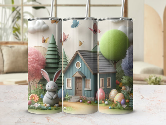 Easter scene with bunny, decorated eggs, and butterflies on a tumbler.