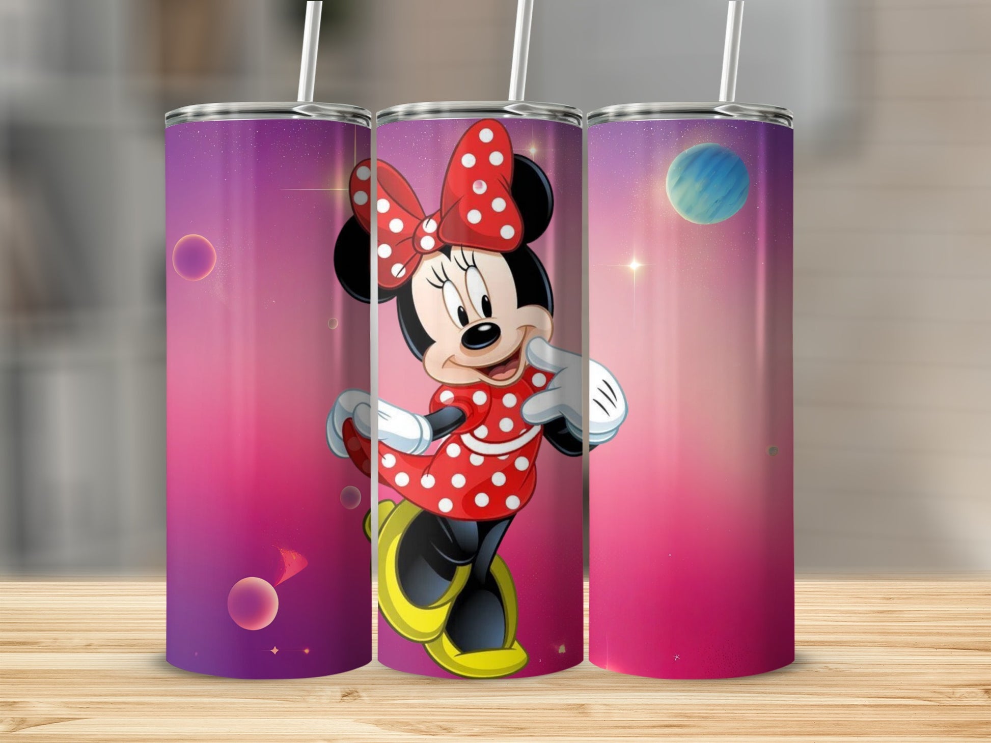 Minnie Mouse Tumbler with Space Themed Background
