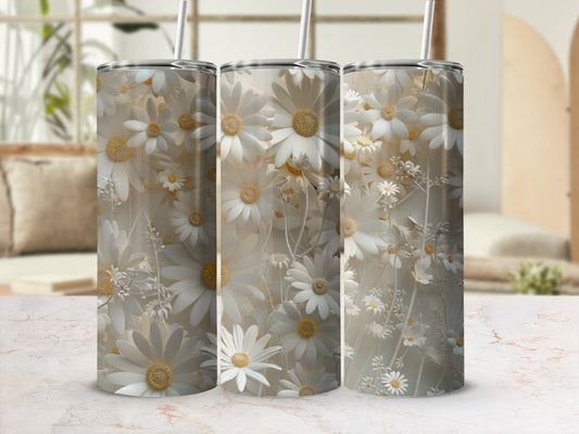 Three tumblers with a light floral daisy pattern.