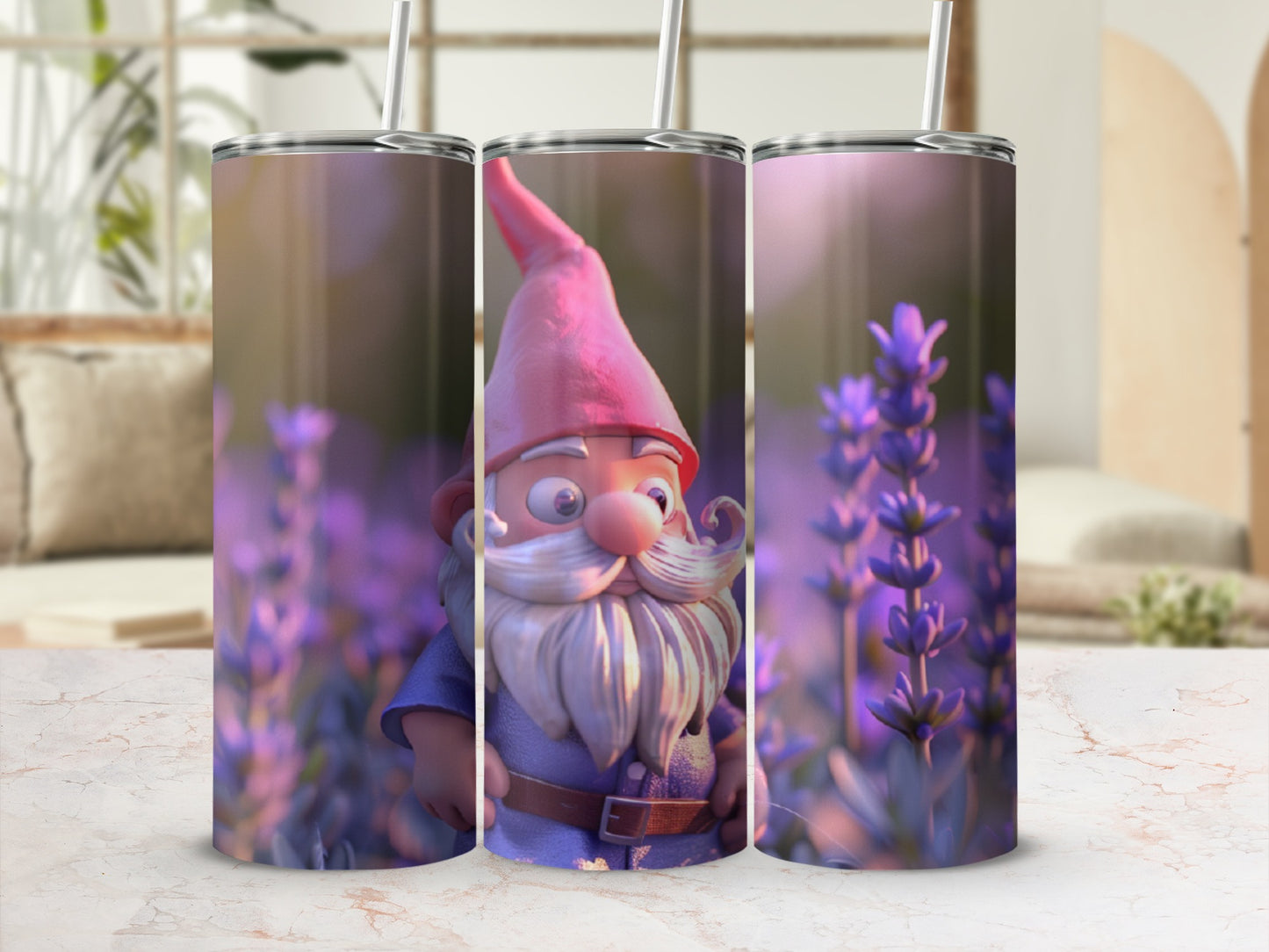 Three tumblers featuring a gnome with a red hat and white beard in lavender field.