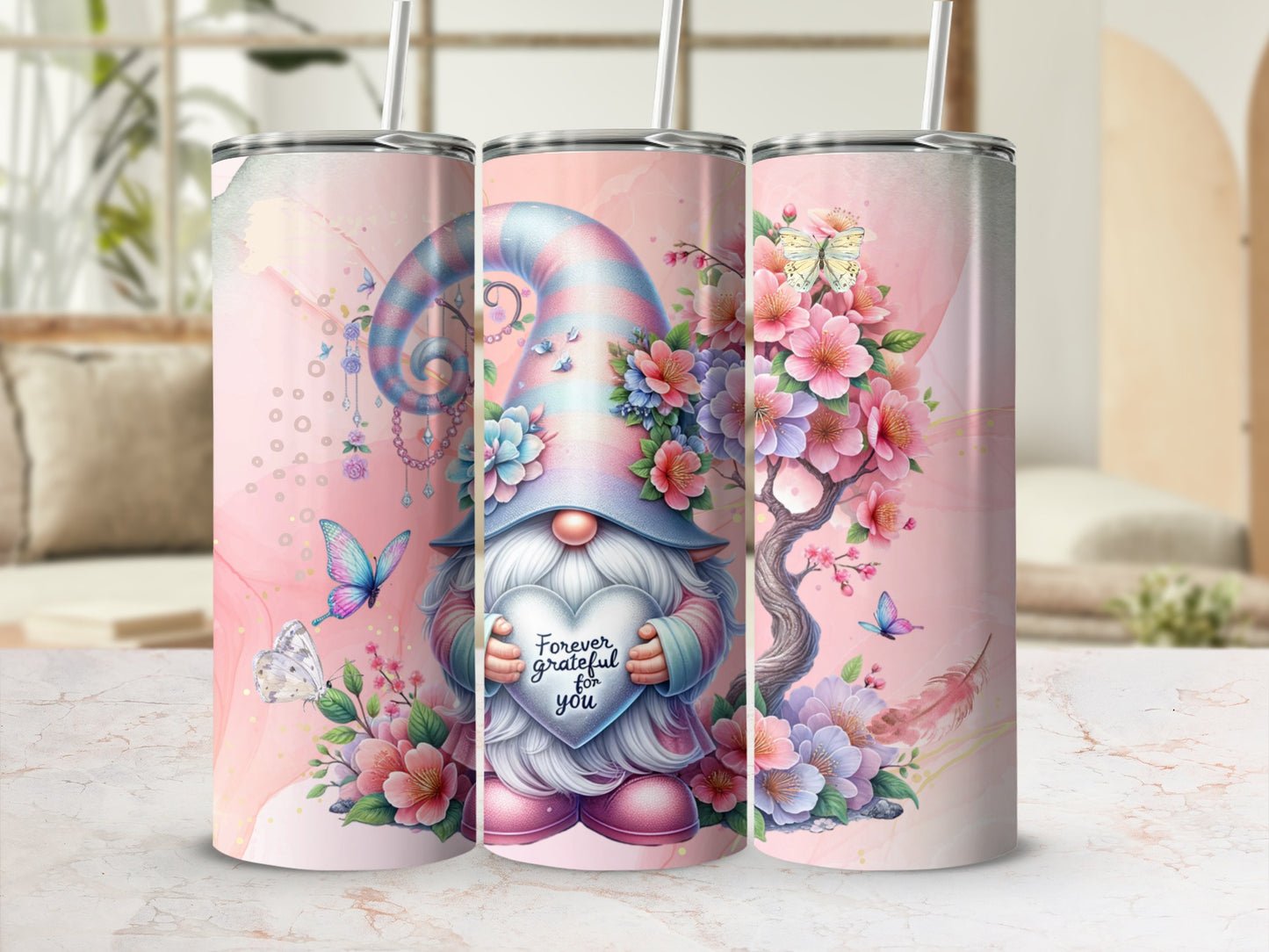 Forever Grateful Gnome Floral and Butterfly Tumbler