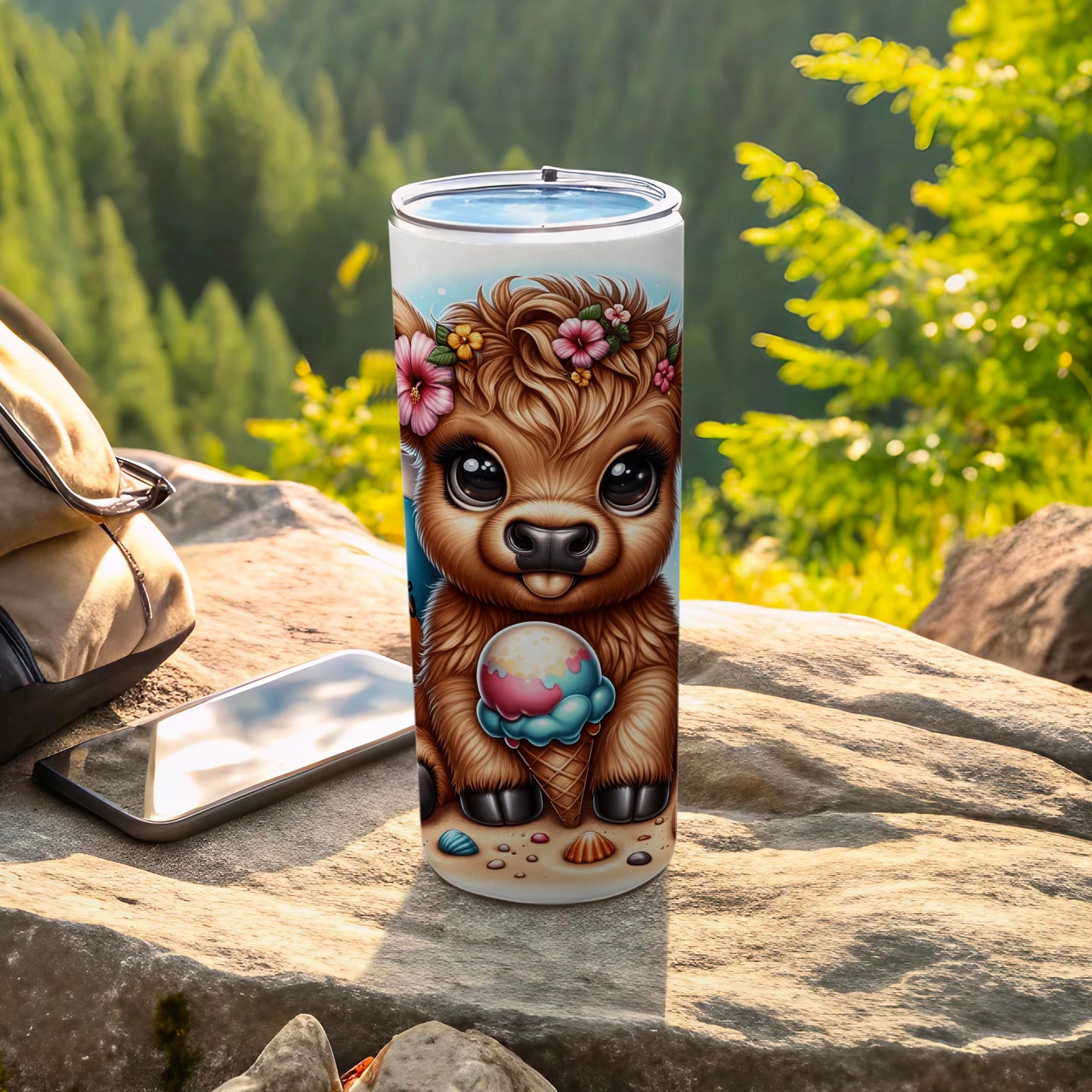 Cute llama holding an ice cream cone with floral headband on rocks.