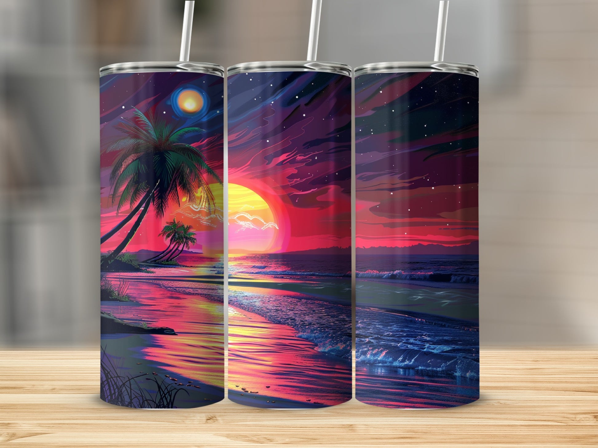 Three tumblers with a vibrant sunset beach scene, palm trees, and ocean waves.