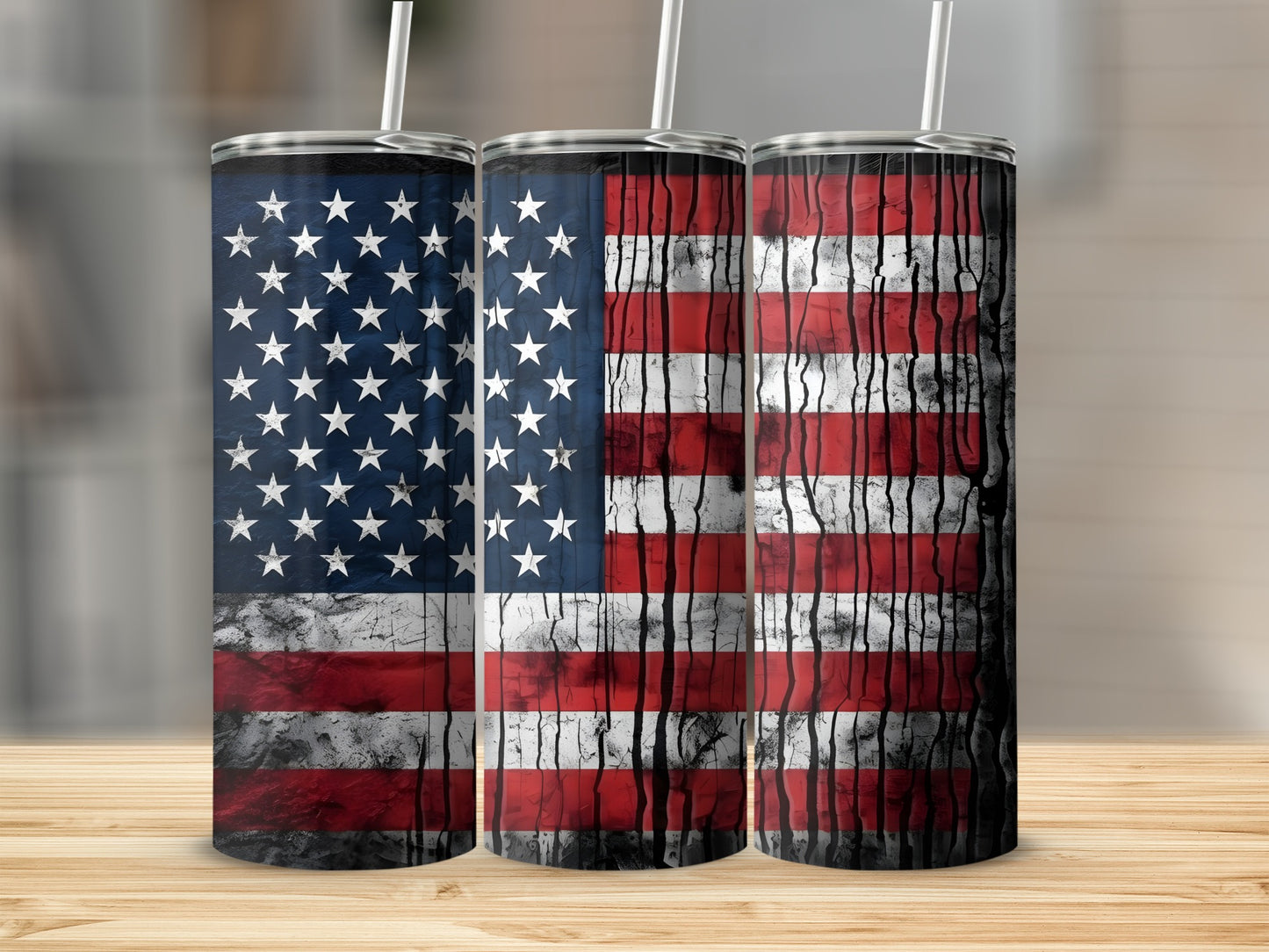 Three tumblers featuring a distressed American flag design.