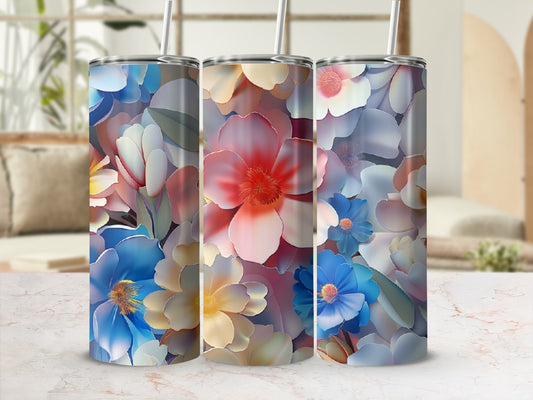 Three tumblers adorned with a colorful floral pattern.
