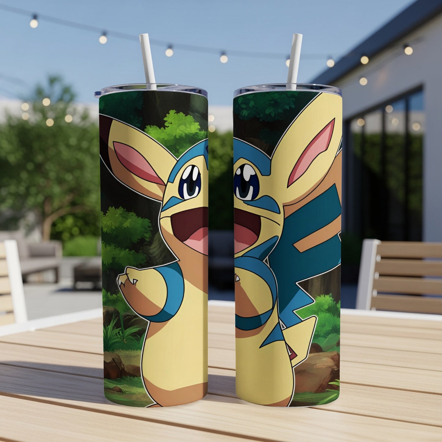 Two tumblers featuring a smiling, yellow Pokémon with blue accents and large ears.