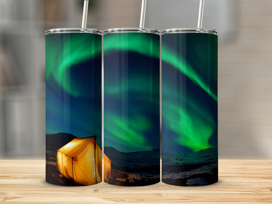 Northern Lights Tumbler with Glowing Tent Design