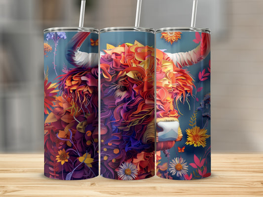 Floral abstract Highland cow design on three tumblers with straws.