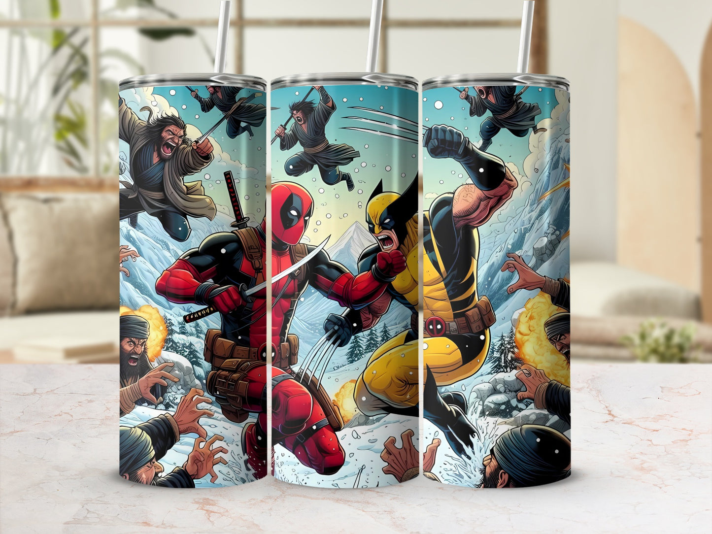 Deadpool And Wolverine Fighting Travel Tumbler Cup