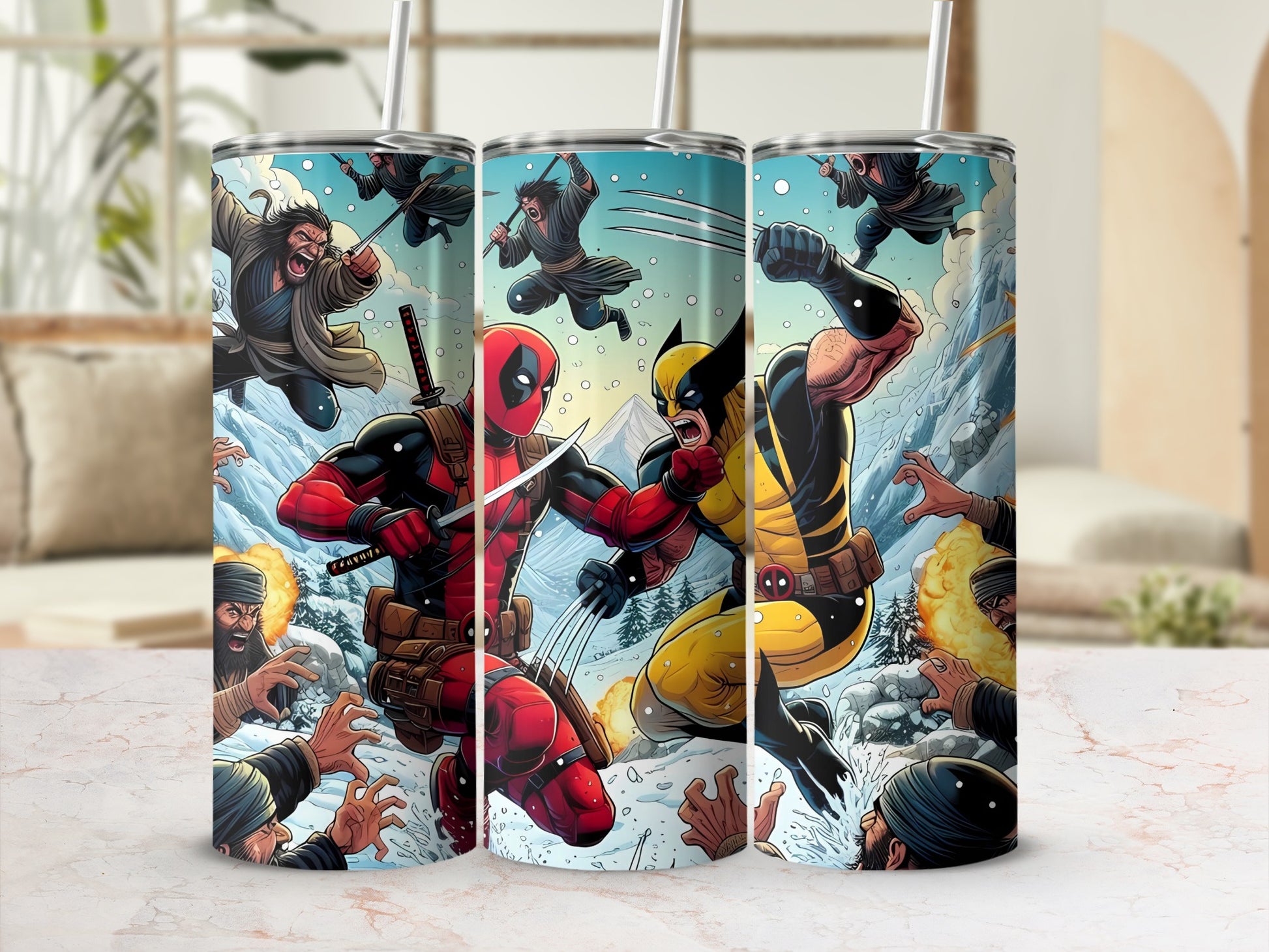 Deadpool And Wolverine Fighting Travel Tumbler Cup