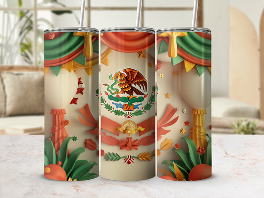 Mexican flag design on three tumblers with festive decorations.