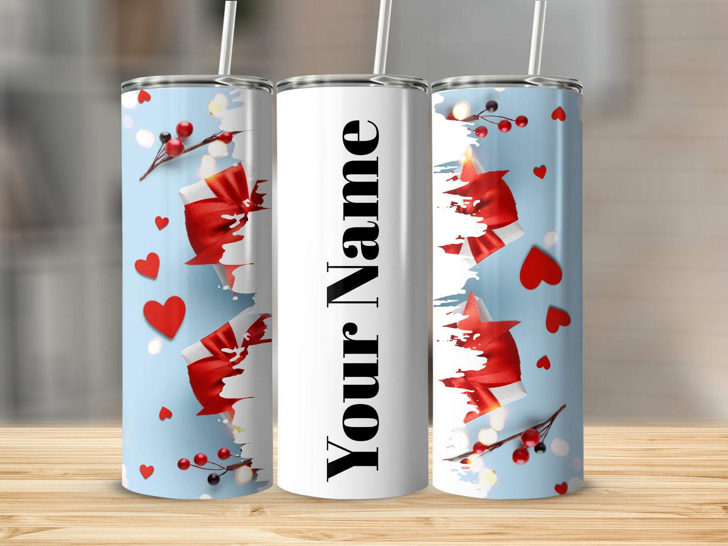 Customized Festive Hearts and Berries Tumbler Design