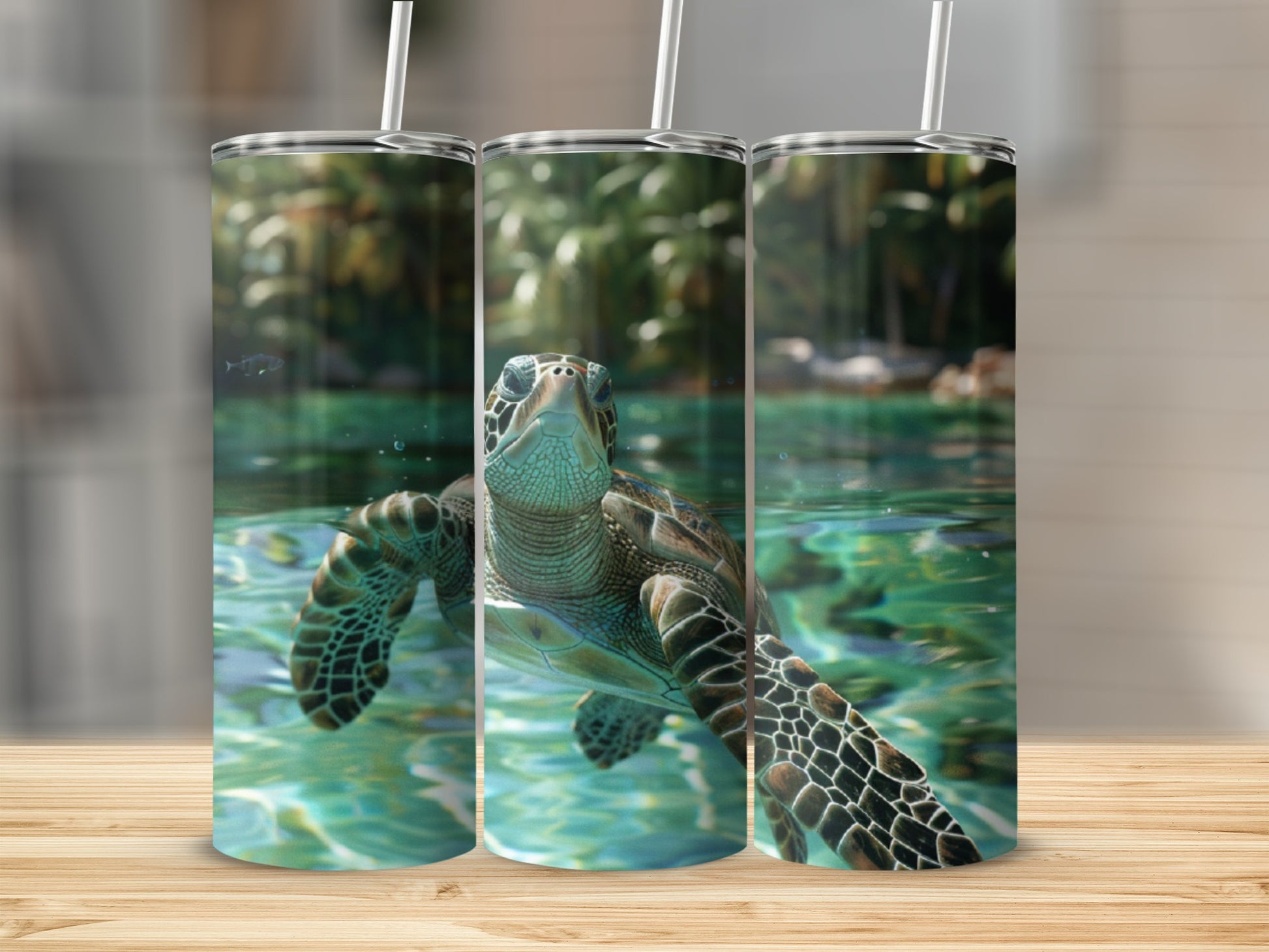 Sea turtle swimming in clear turquoise water, framed by tropical foliage.