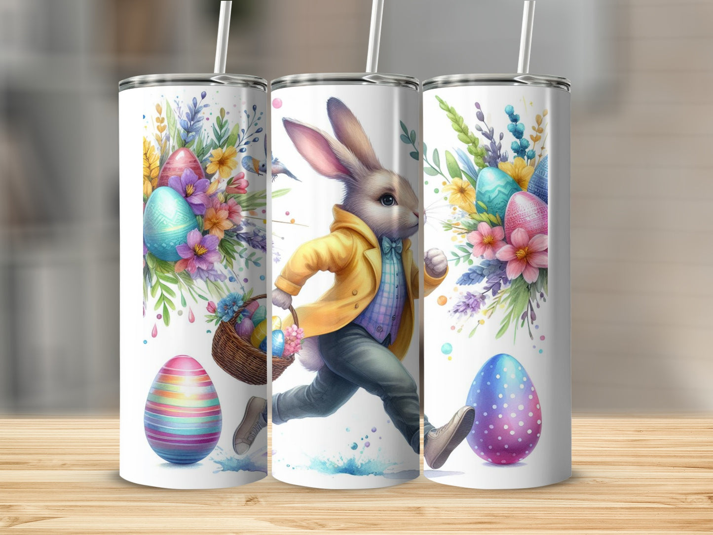 Easter bunny in yellow jacket runs with basket of eggs and flowers.