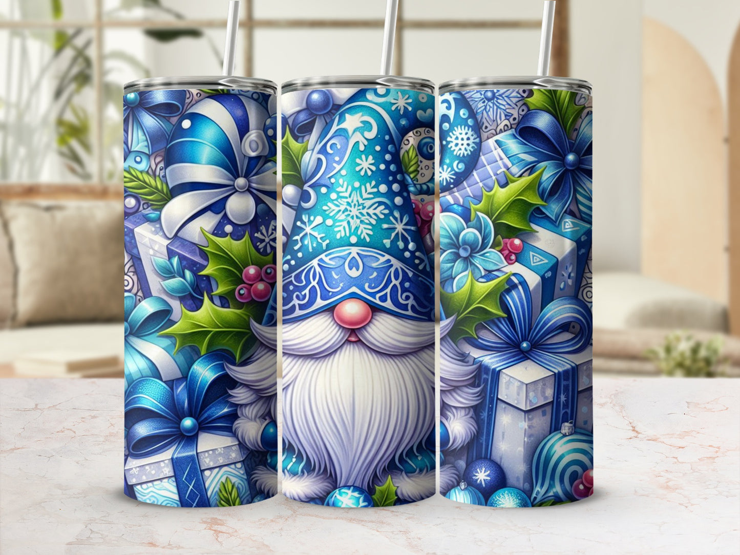 Blue and white gnome with snowflakes and Christmas gifts.