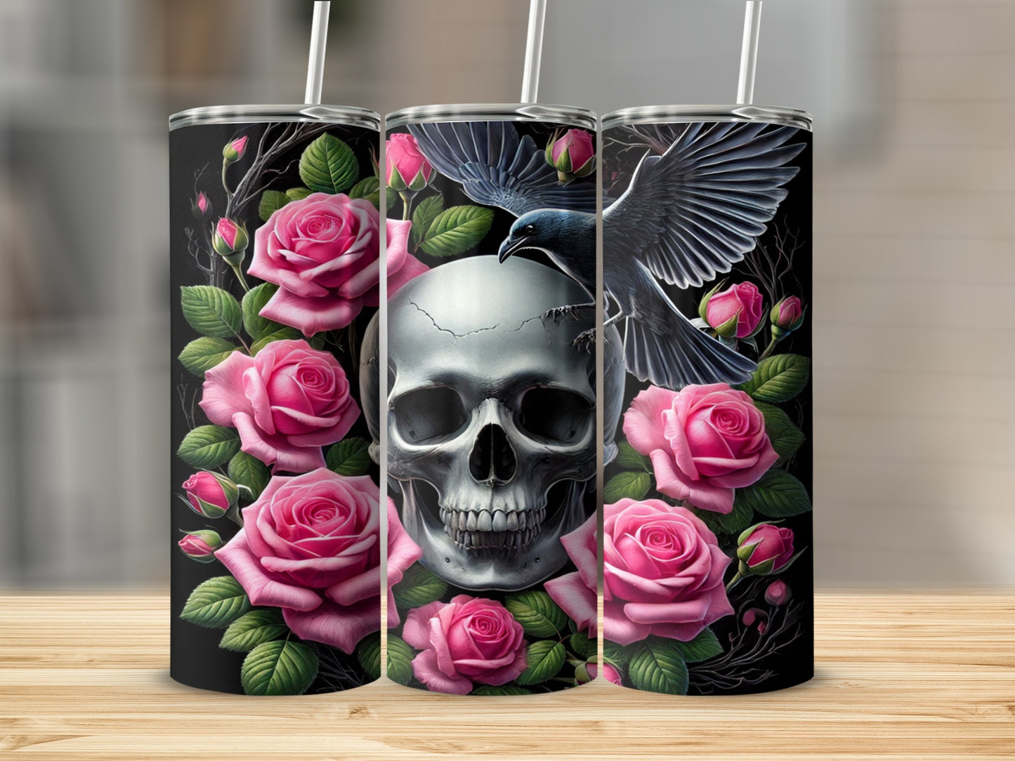 Skull With Roses and Raven Tumbler Cup