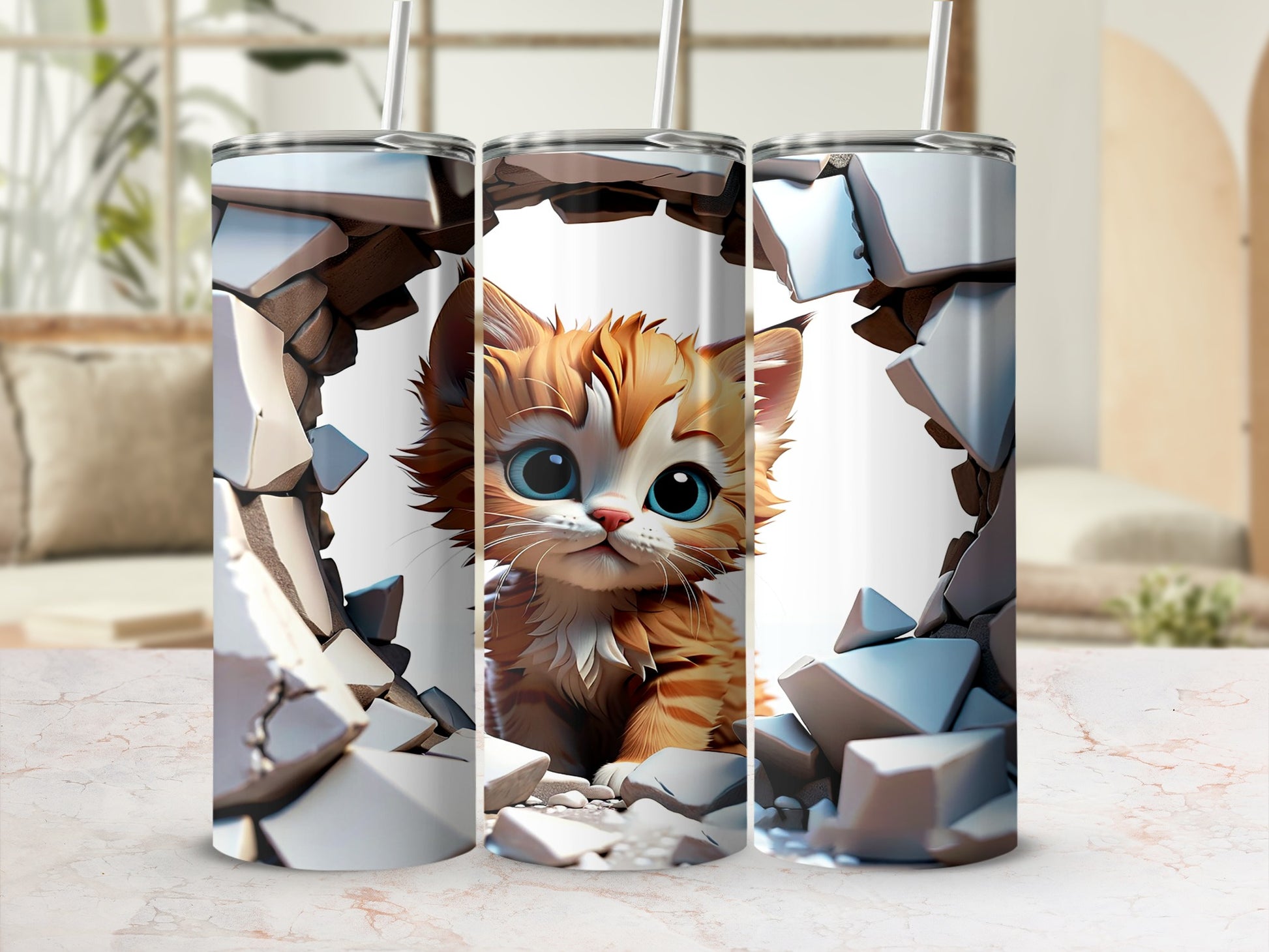 Cute Kitten Breaks Through Wall Art Tumbler Design