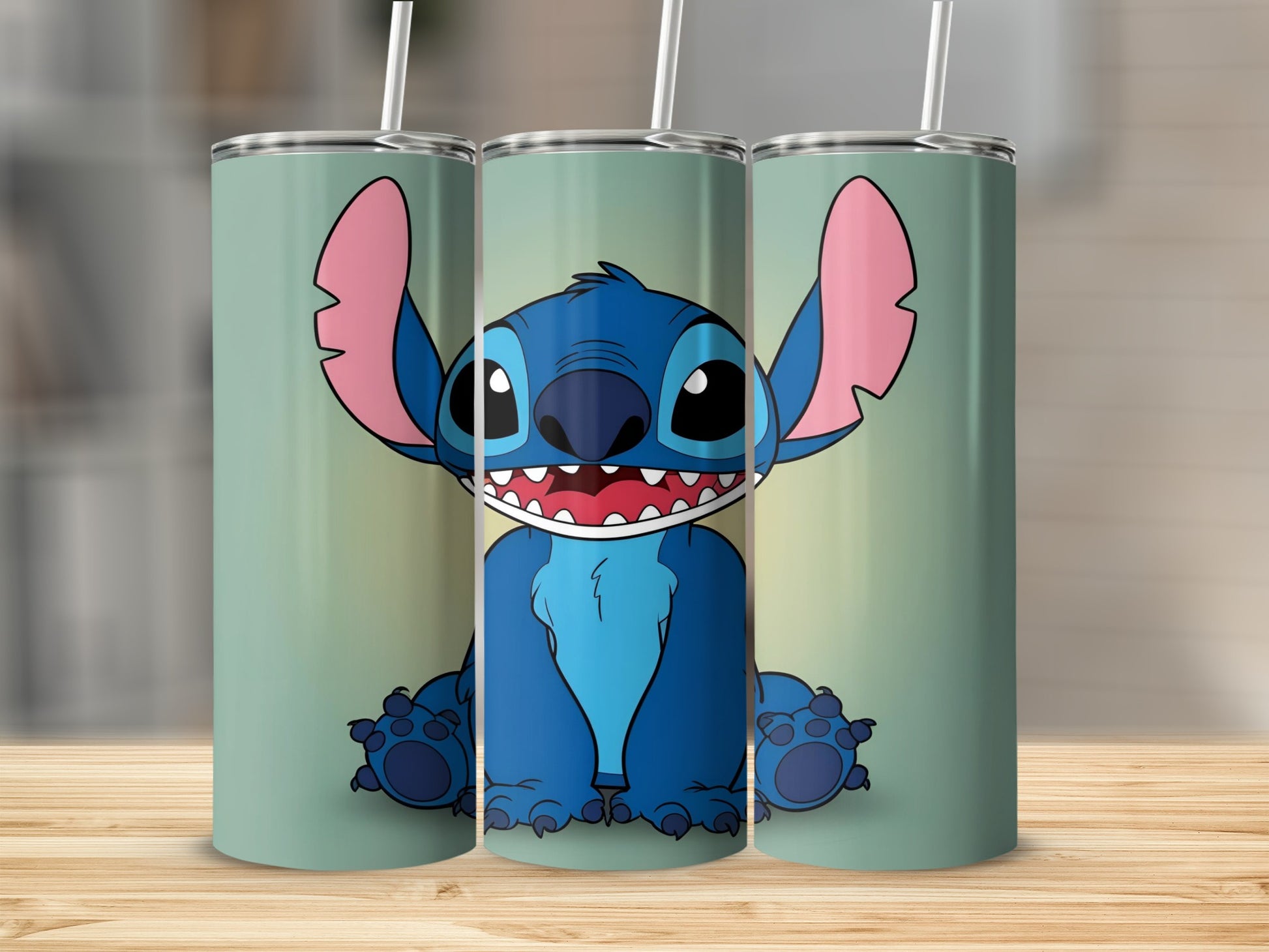 Three tumblers featuring Stitch from Lilo & Stitch on a light green background.