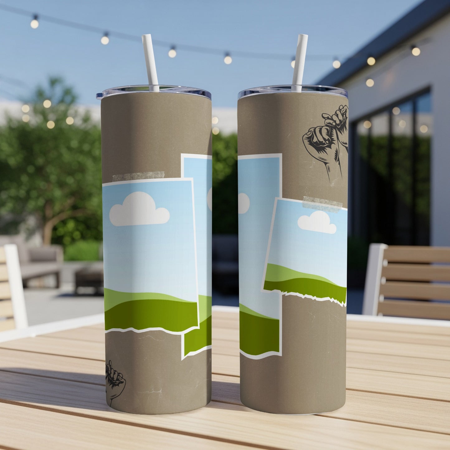 Two tan tumblers with a ripped photo collage design featuring sky, clouds, and green hills.