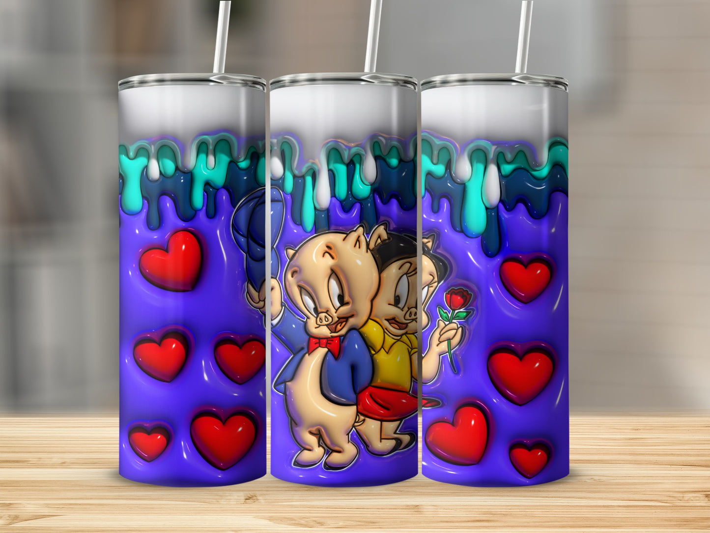 Cute Pig Couple with Hearts and Dripping Design Tumbler