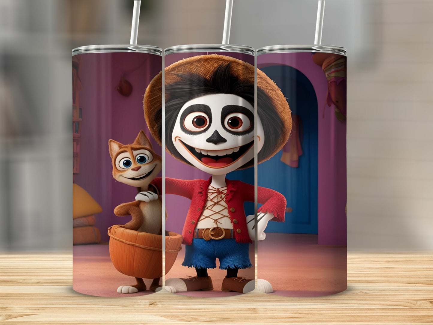 Coco movie characters Miguel and Dante in a cartoon style.