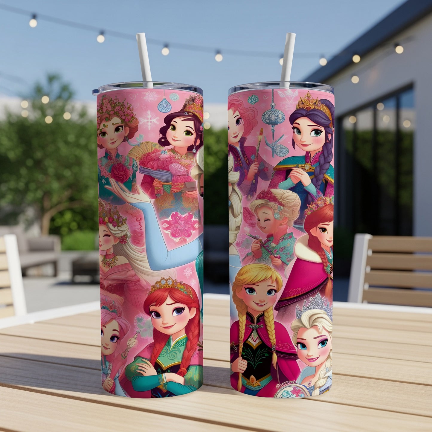 Two pink tumblers featuring Frozen characters Elsa, Anna, and Olaf.