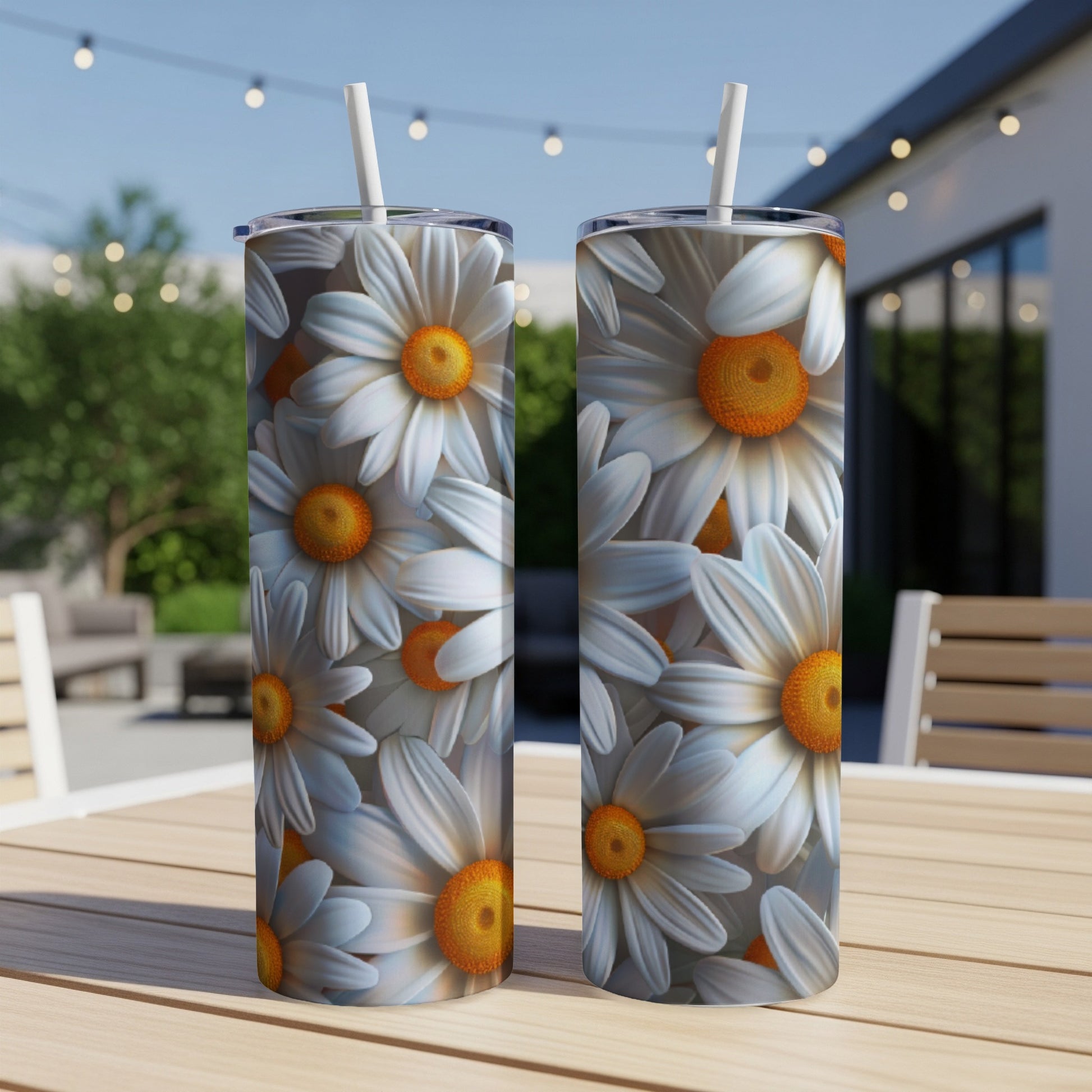 Two tall, white tumblers with a close-up daisy pattern.