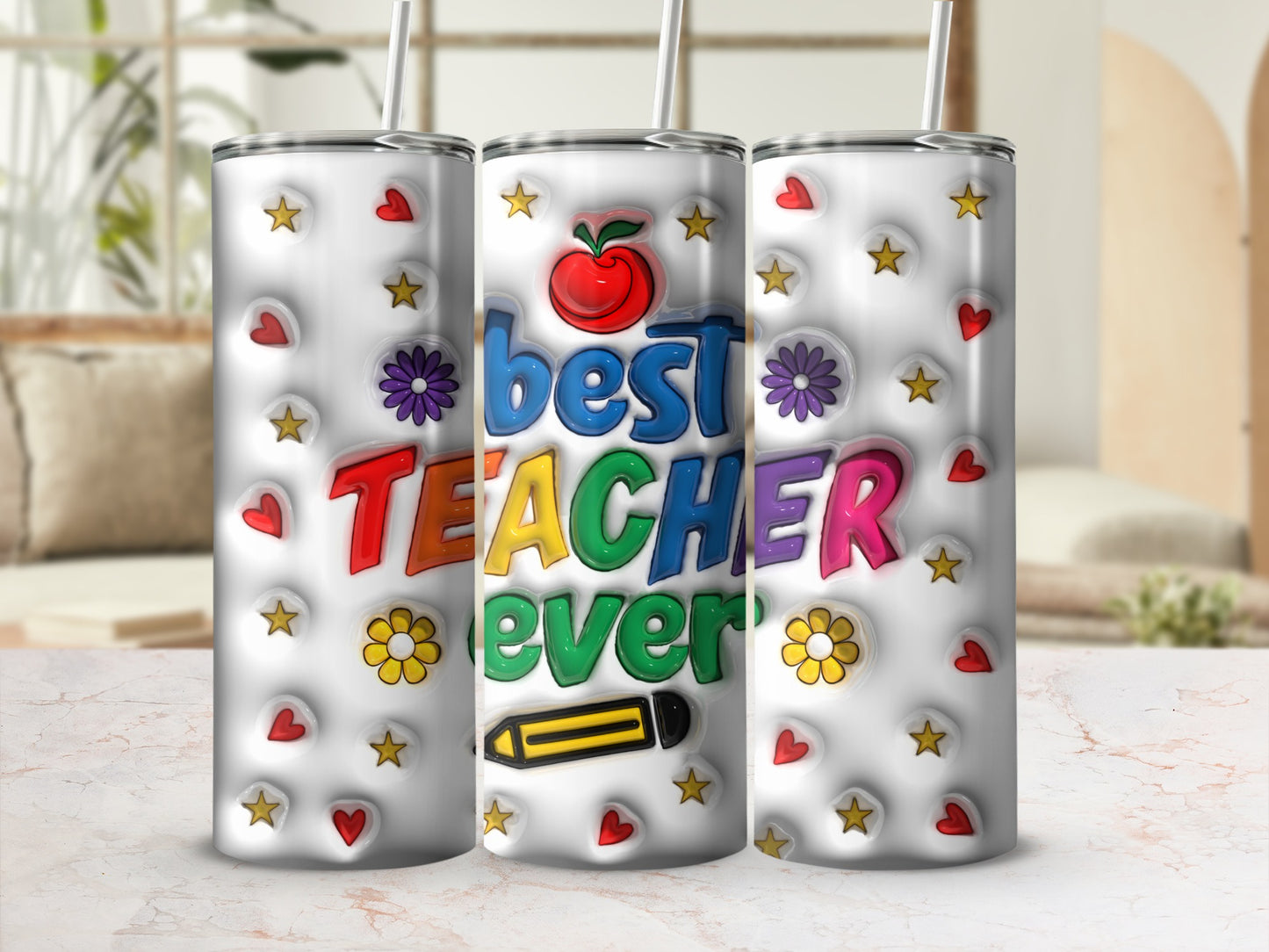Best Teacher Ever with Apple Star Hearts and Flowers Tumblers