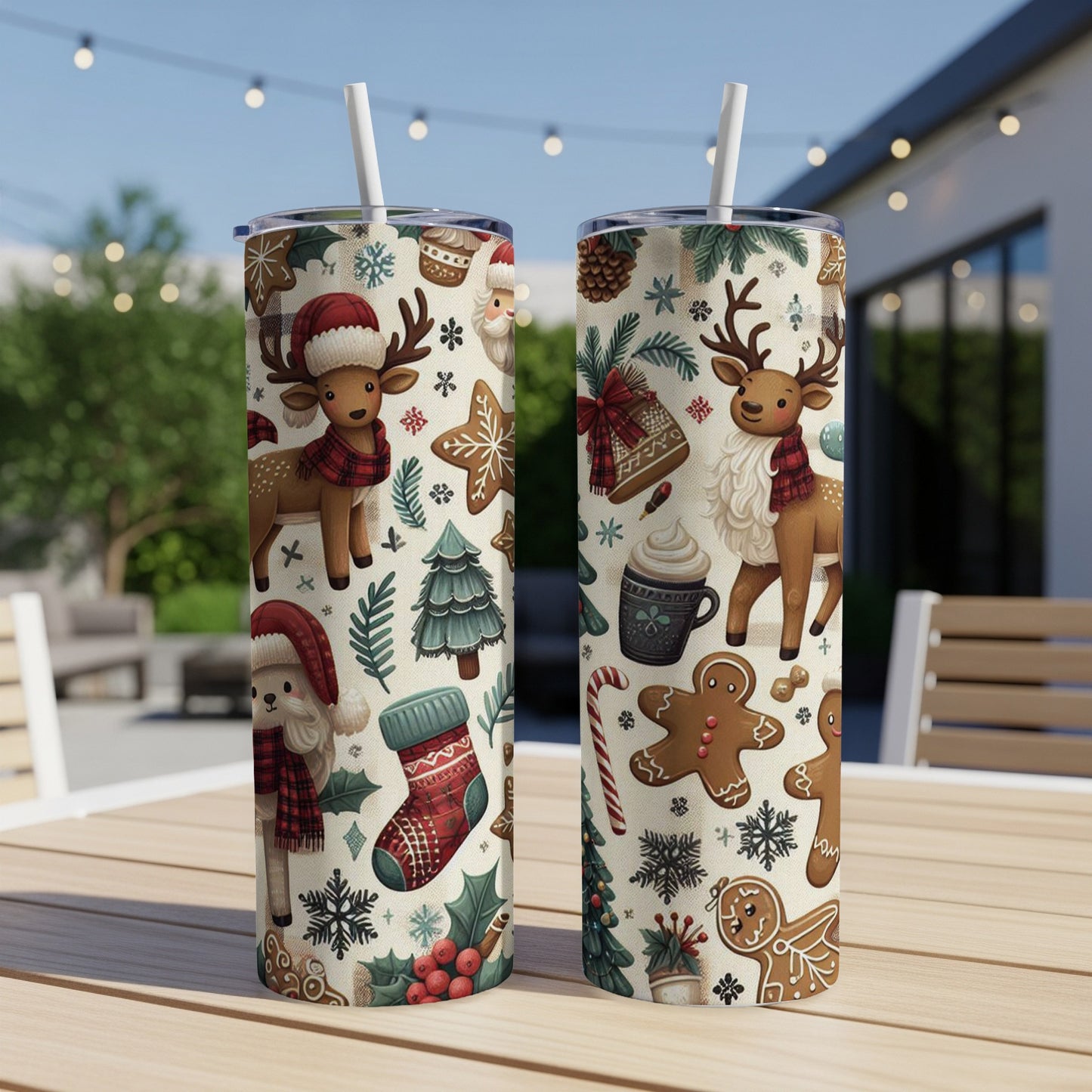 Two tall tumblers with a repeating Christmas pattern featuring reindeer, gingerbread, and stockings.