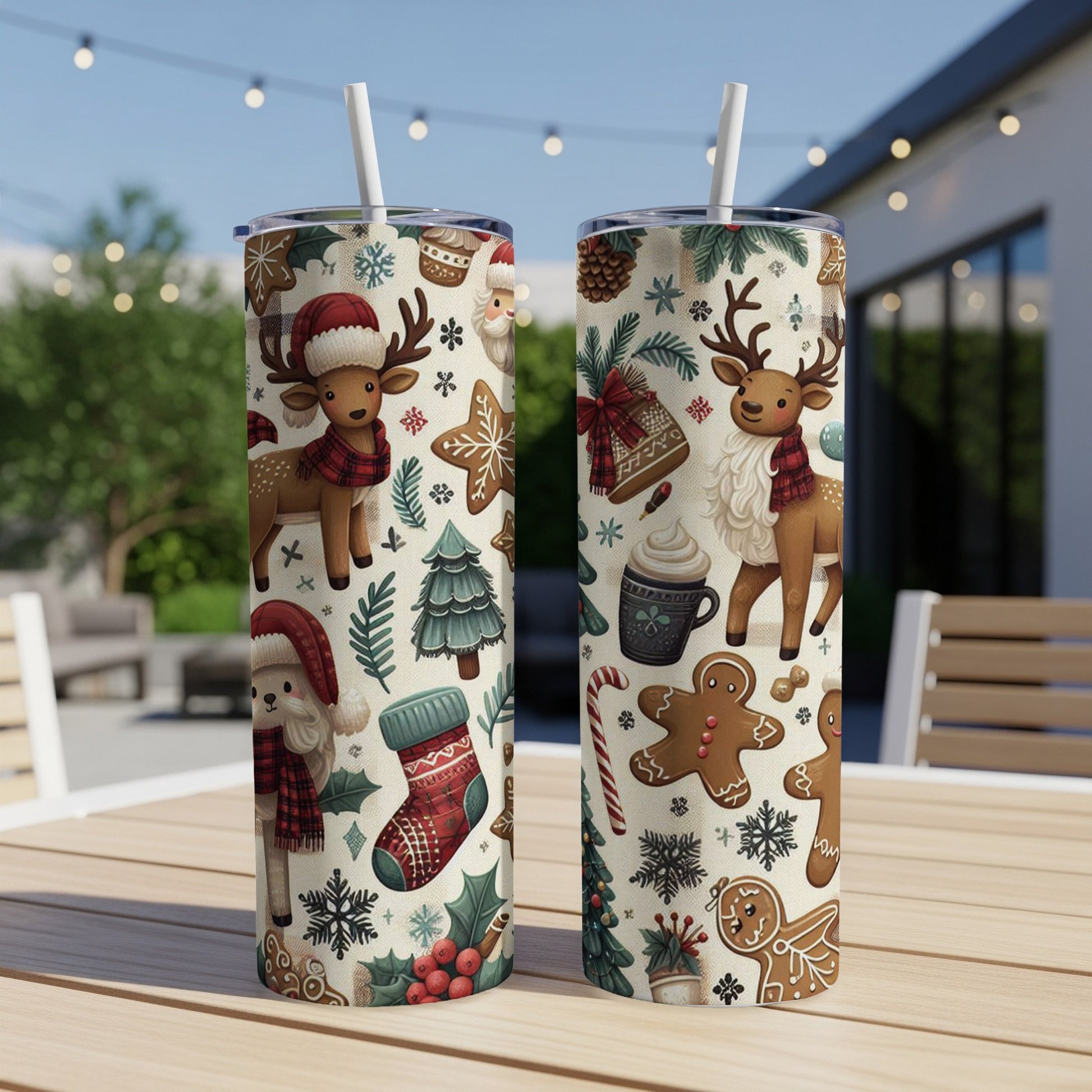 Two tall tumblers with a repeating Christmas pattern featuring reindeer, gingerbread, and stockings.
